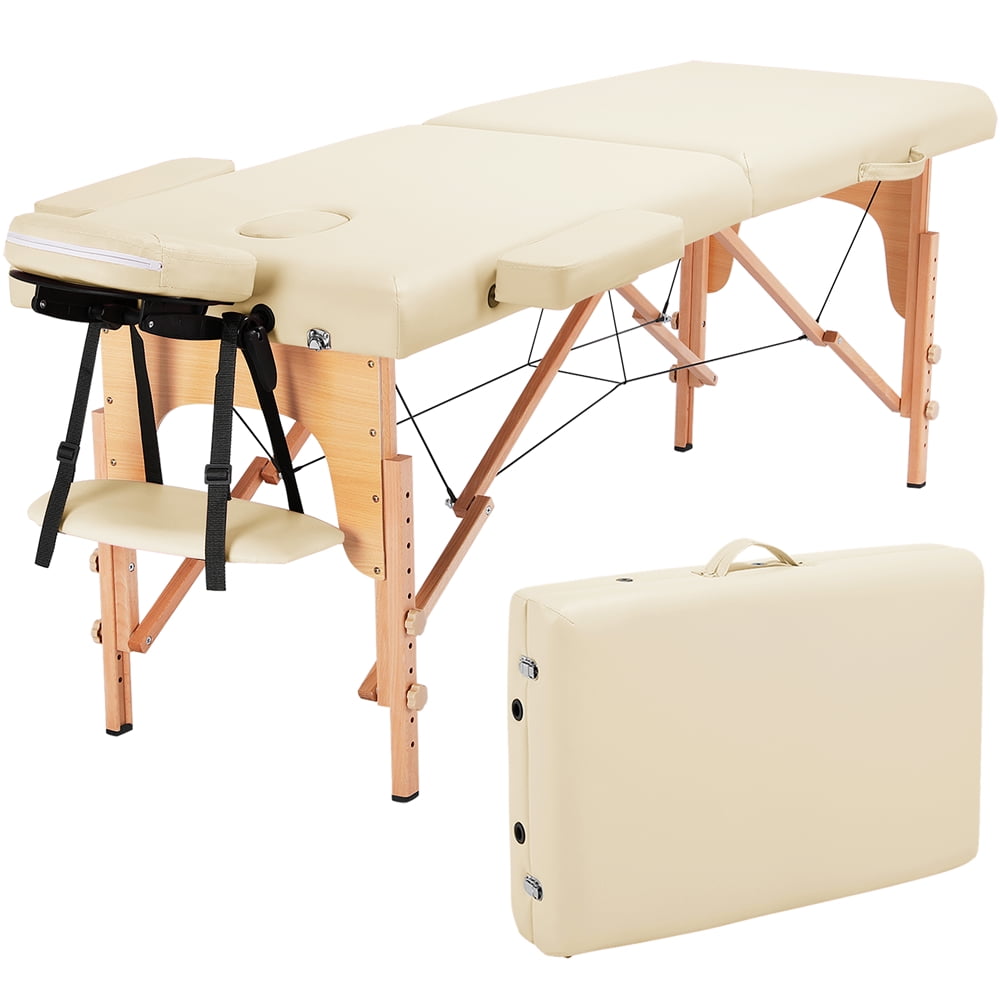 Renwick 2 Sections Adjustable Folding Massage Bed with Headrest, Cream