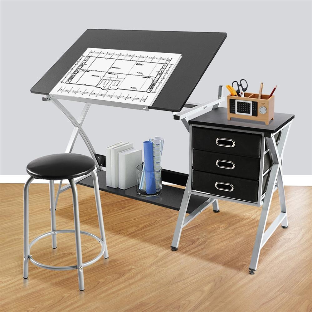 Renwick Adjustable Steel Drafting Table with Stool, Black