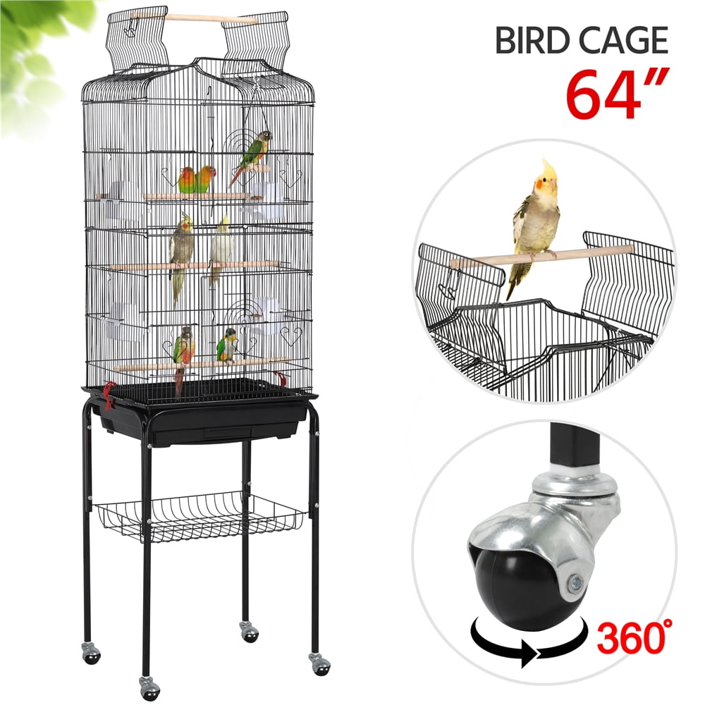 Renwick 64"H Open Top Rolling Metal Birdcage for Budgie Parrot Canary Cockatiel, Black