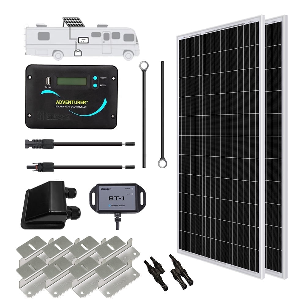 Renogy 200 Watts 12 Volts Monocrystalline RV Solar Panel Kit with Adventurer 30A LCD PWM Charge Controller and Mounting Brackets for RV, Boats, Trailer, Camper, Marine, Off-Grid Solar Power System