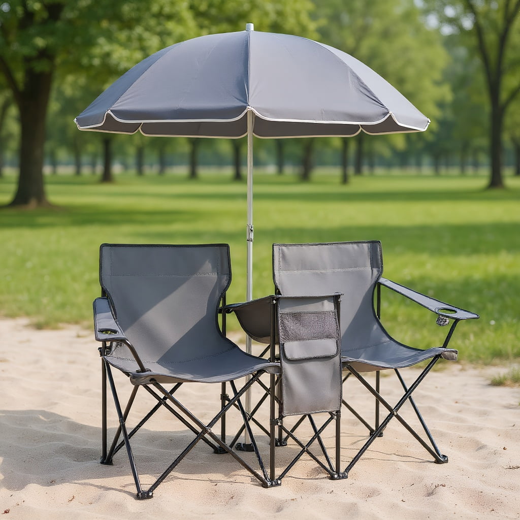 Resenkos Portable Folding Picnic Double Chair With Umbrella-Gray，Portable Folding Picnic Chair for Beach, Camping