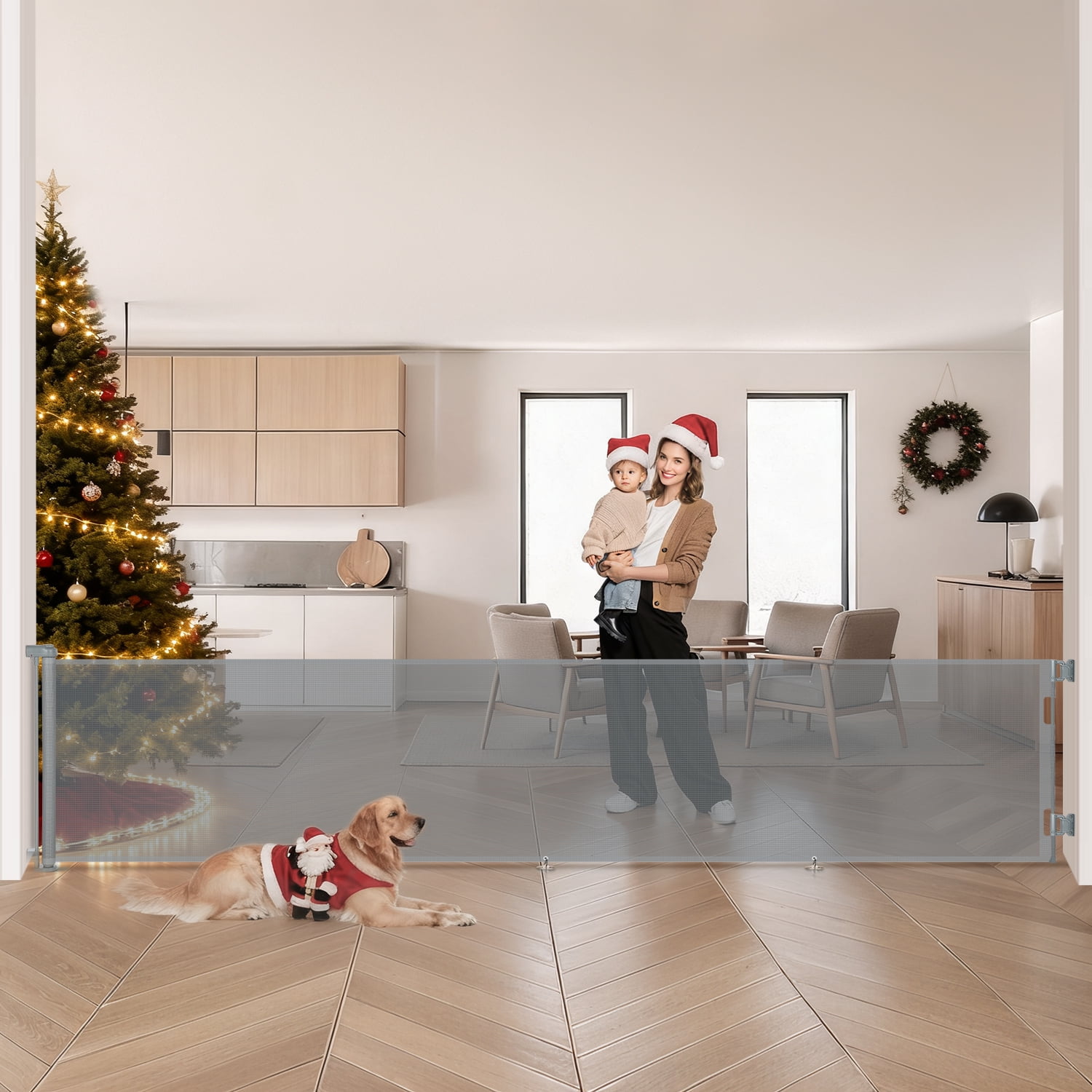 Retractable Baby Gate, Caveen 120" Extra Wide ABS Expandable for Livingroom Outdoor, Gray