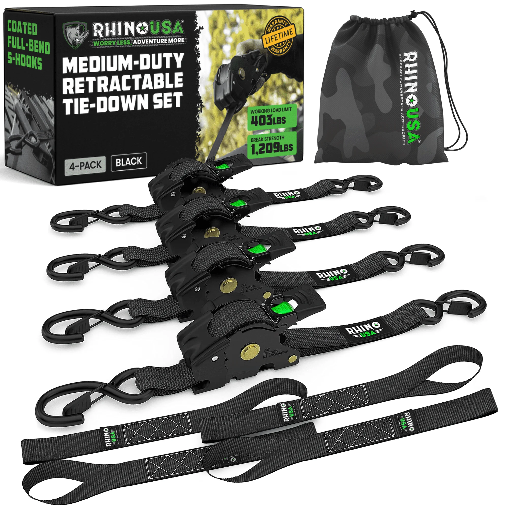 Rhino USA 1" x 10' Retractable Ratchet Straps 1,209lb Break Strength (Black 4-Pack)