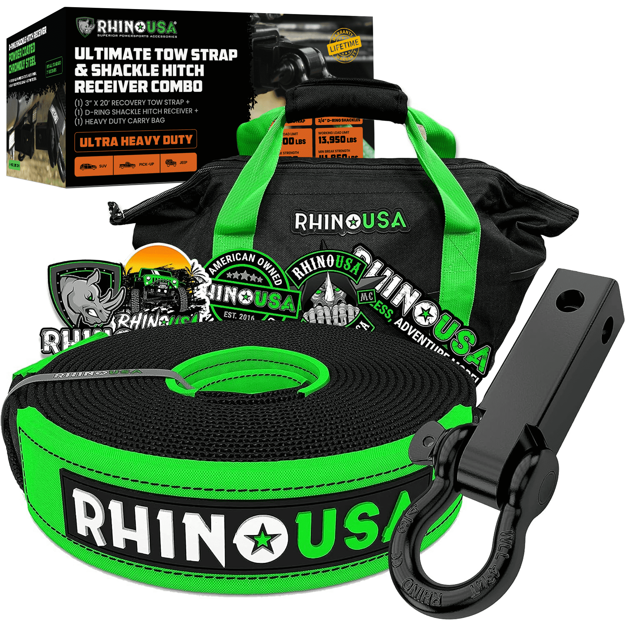 Rhino USA Heavy-Duty Recovery Gear Combos Off-Road Truck Vehicle Recovery (20' Strap + Hitch)