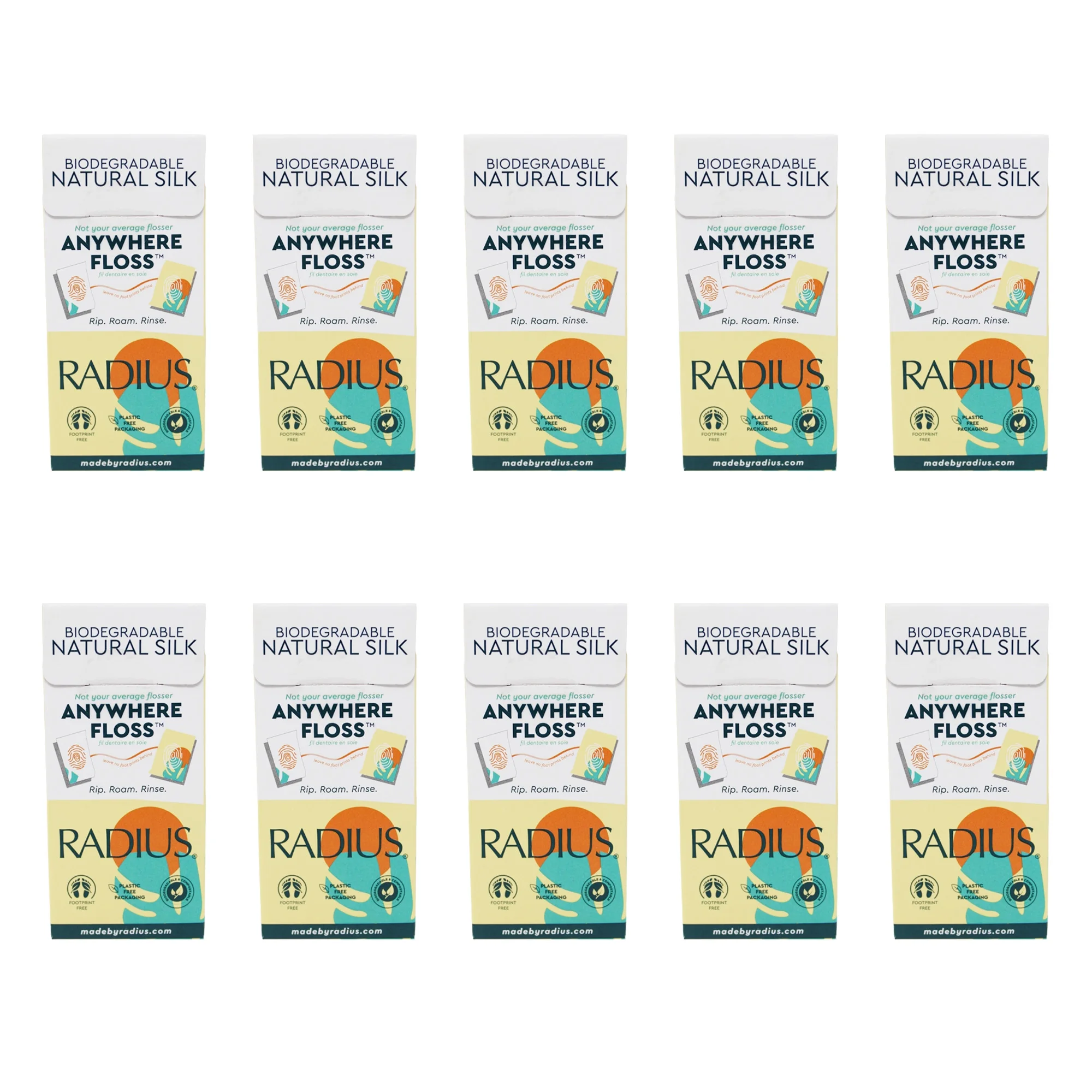 RADIUS Natural Unscented Silk Anywhere Floss Travel Dental Floss for Oral Care Boost Non Toxic Tooth & Gum Protection (20 Single Use Flossers per Pack) - Pack of 10