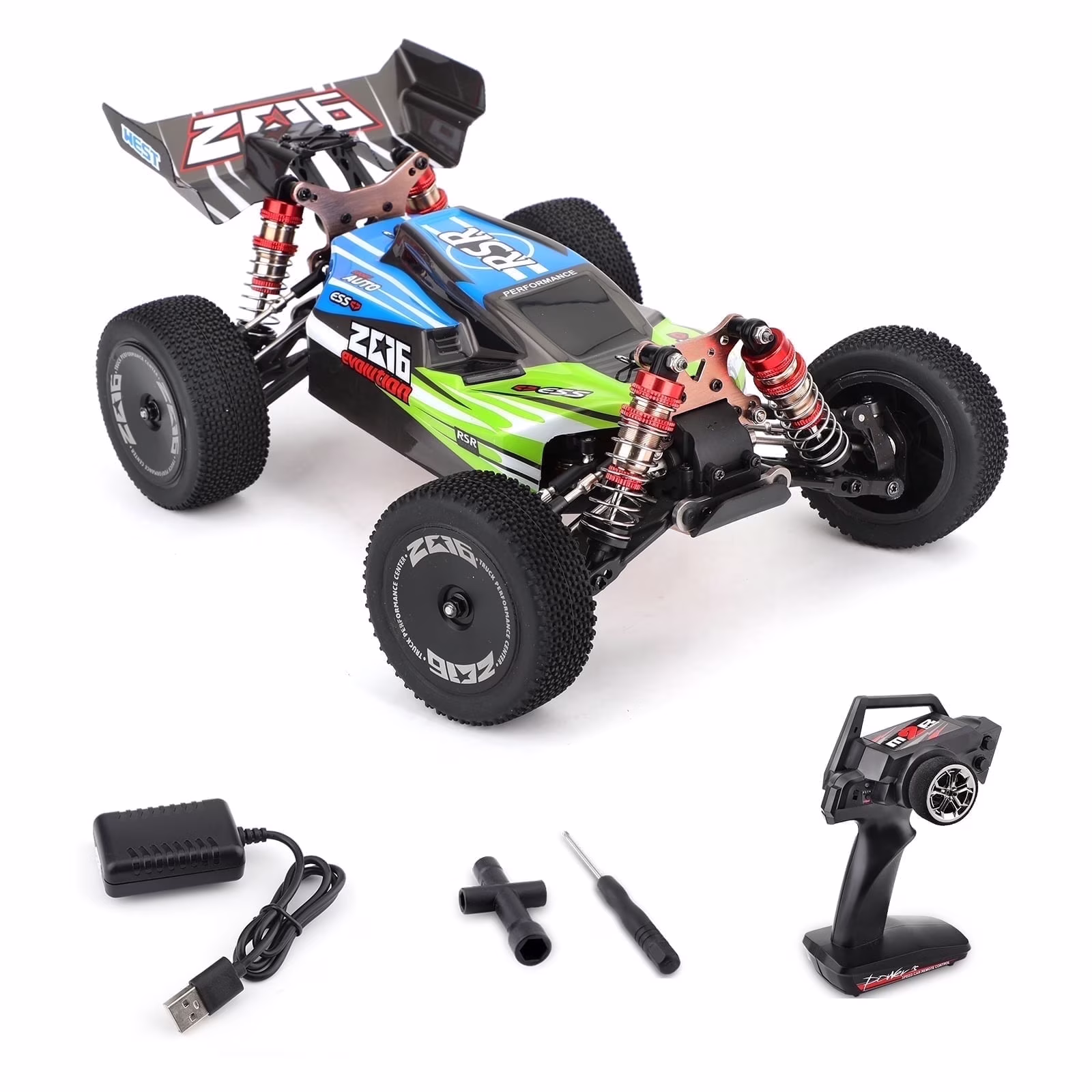 Bruce&Shark WLtoys RC Car 144001, 4WD 2.4GHz 60km/h High Speed Remote Control Car Off-Road RC Trucks, 1:14 Scale RC Buggy with RTR Aluminum Alloy Chassis 550 Motor Gifts for Adults