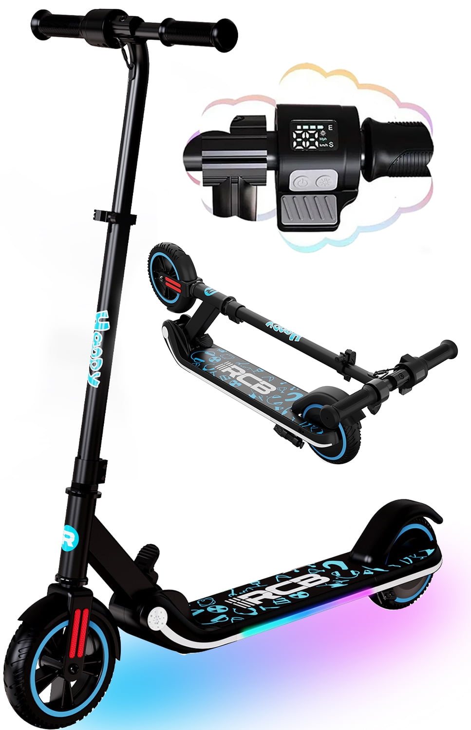 RCB Electric Scooter for Kids Ages 6-12, 200w, up to 10 Mph, Colorful Rainbow Light, Adjustable Speed &Height,Black