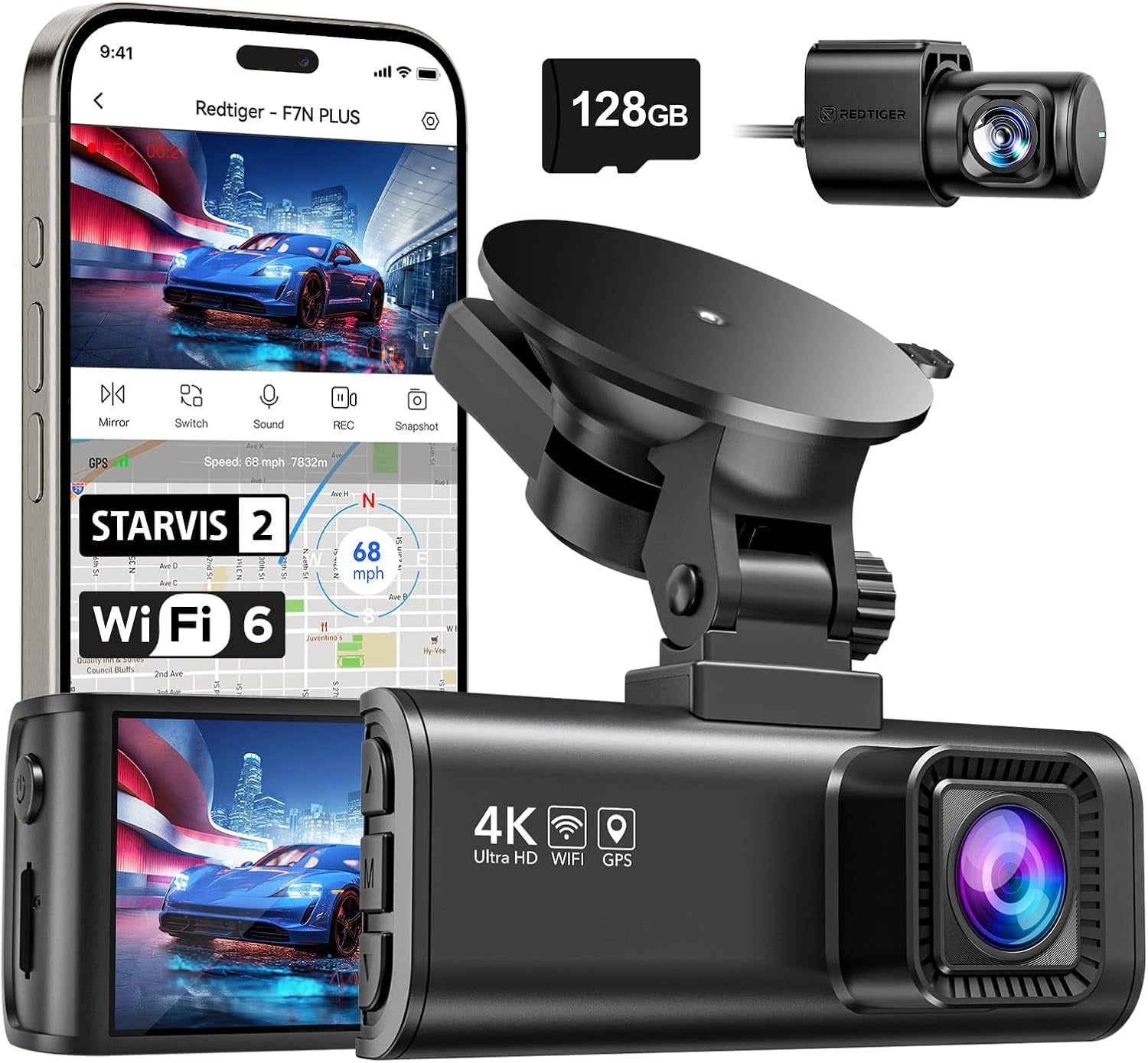 REDTIGER F7NP Dash Cam Front and Rear, 4K Full HD Car Camera with STARVIS 2, 3.18” IPS Screen, Free 128GB Card, 5.8GHz Wi-Fi, GPS, Night Vision, Loop Recording, Parking Mode