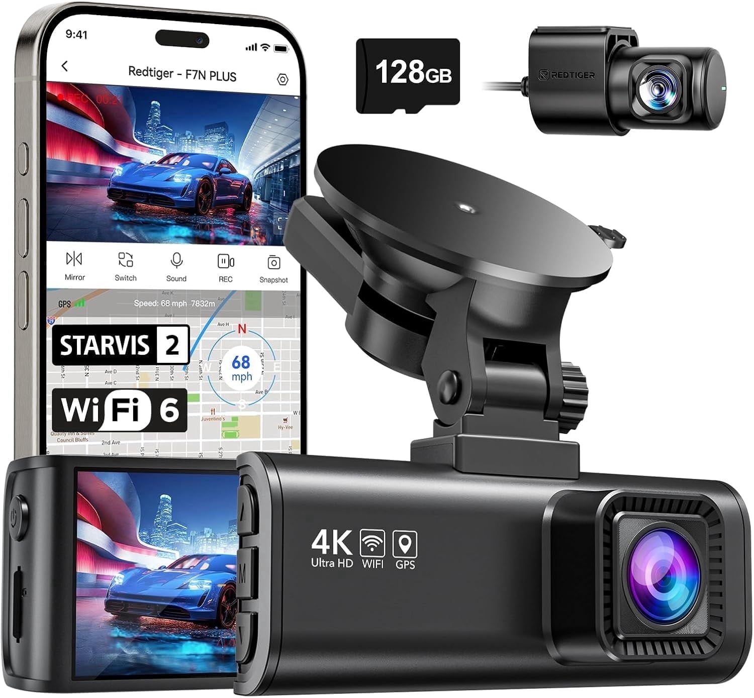 REDTIGER F7NP Dash Cam Front and Rear, 4K Full HD Car Camera with STARVIS 2, 3.18” IPS Screen, Free 128GB Card, 5.8GHz Wi-Fi, GPS, Night Vision, Loop Recording, Parking Mode