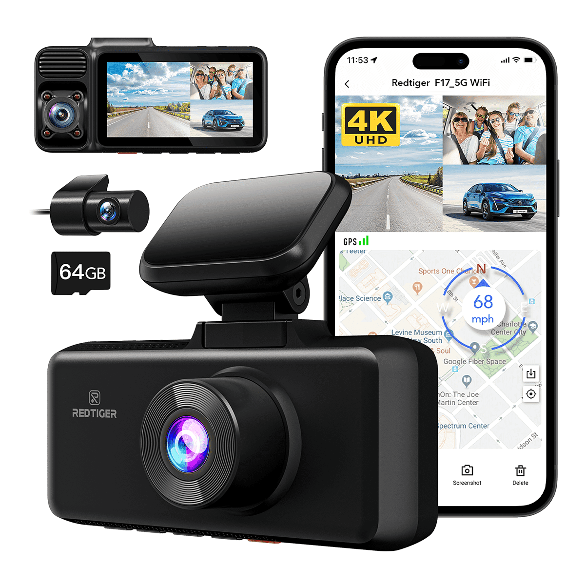 REDTIGER 3 Channel Dash Cam Front and Rear, Dash Camera with 5G WiFi GPS, IR Night Vision, Free 64GB Card, 24H Parking Mode, Vehicle