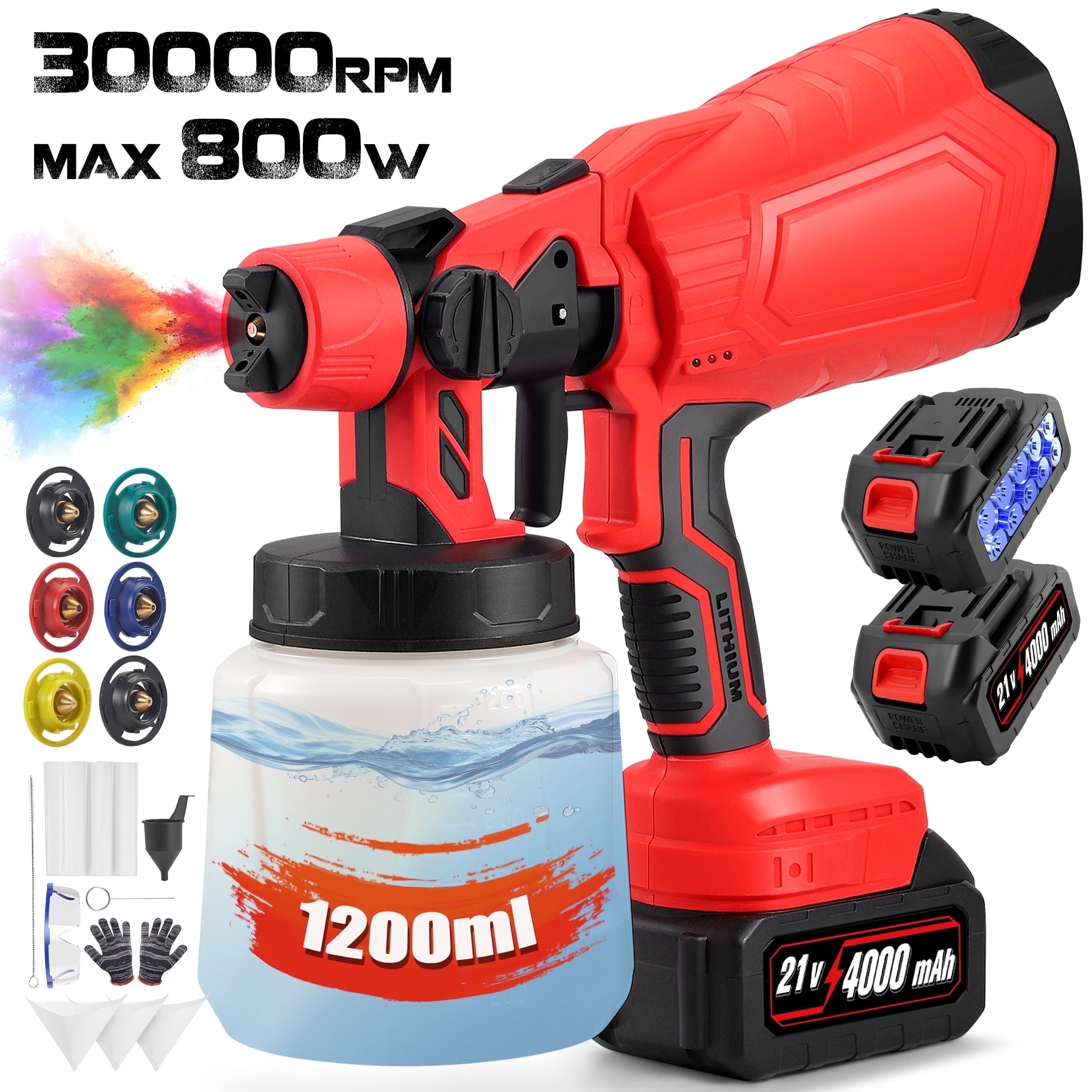 RELOIVE Cordless Paint Sprayer, 800W High Power Spray Paint Gun with 2PCS 4000mAh Batteries, Electric Paint Sprayer Gun with 1200ML Container for House Painting Furniture Cabinets Fences Walls