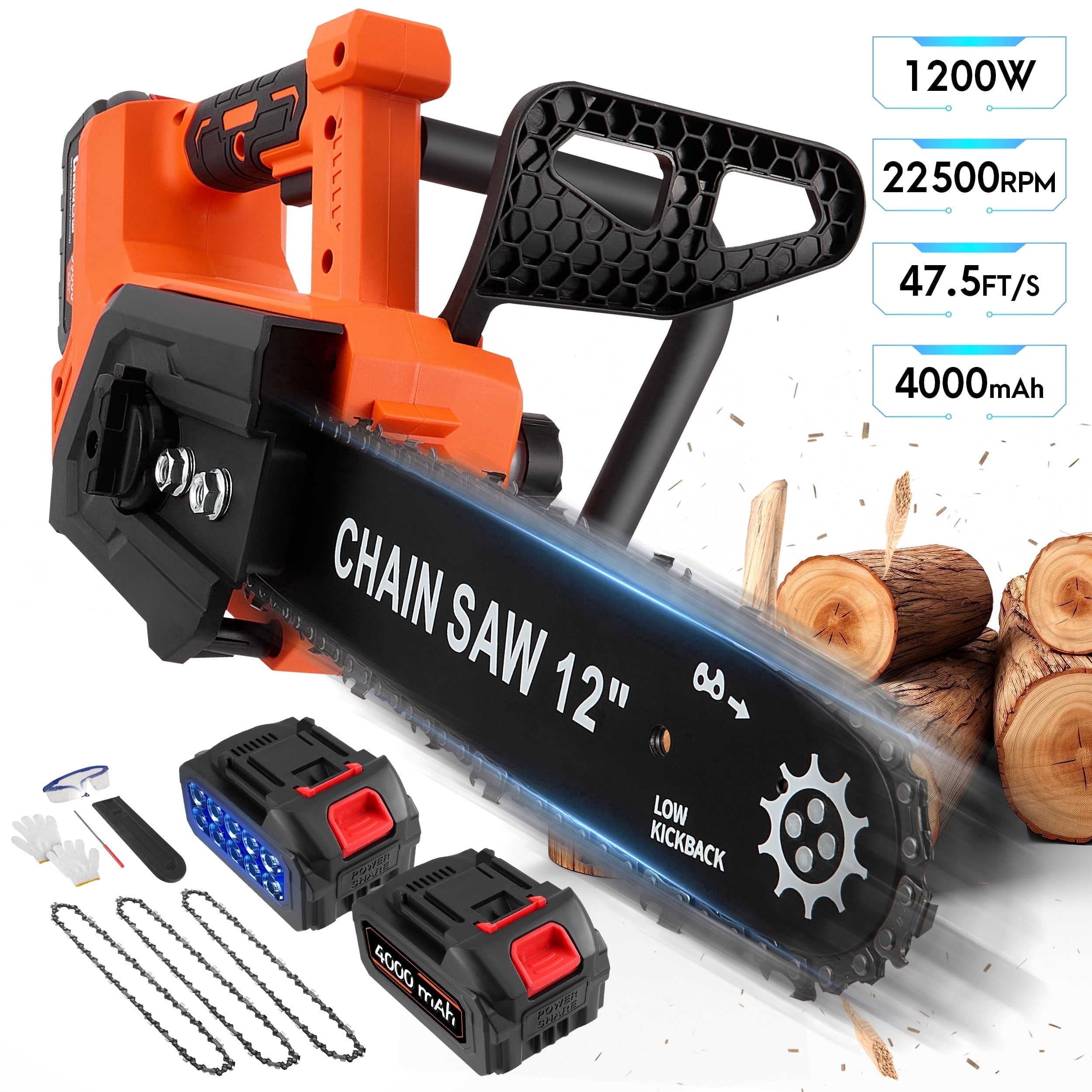 RELOIVE 12" Chainsaw, Cordless battery Chainsaw with 2x 4.0Ah Batteries , Electric Chainsaw with 1200W Brushless Motor, Automatic Lubrication, Power Chain Saw for Wood Cutting Tree Trimming