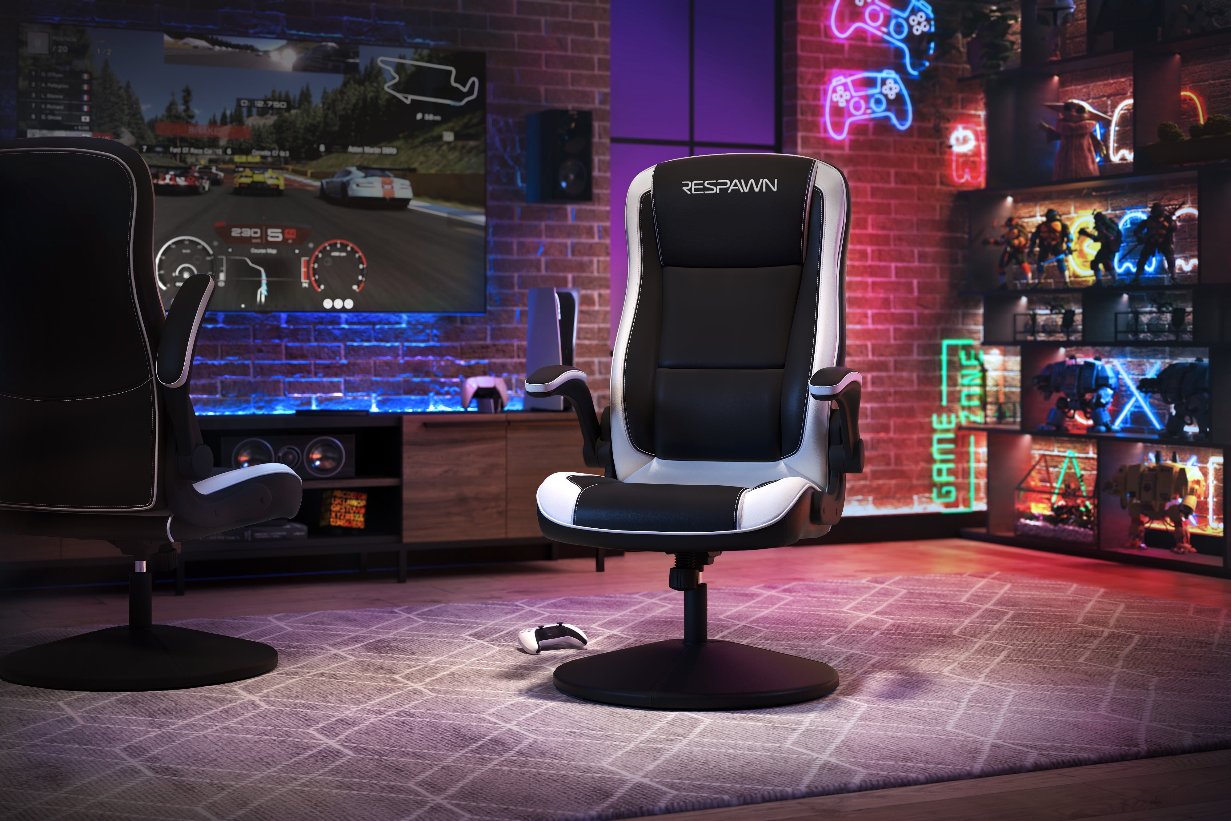 RESPAWN 800 Swivel Rocker Gaming Chair - Ergonomic Floor Gaming Seat with Lumbar Support, Flip Up Armrest, High Back, Pedestal Base, Comfortable No Wheels Console Video Game Rocker Chair - White