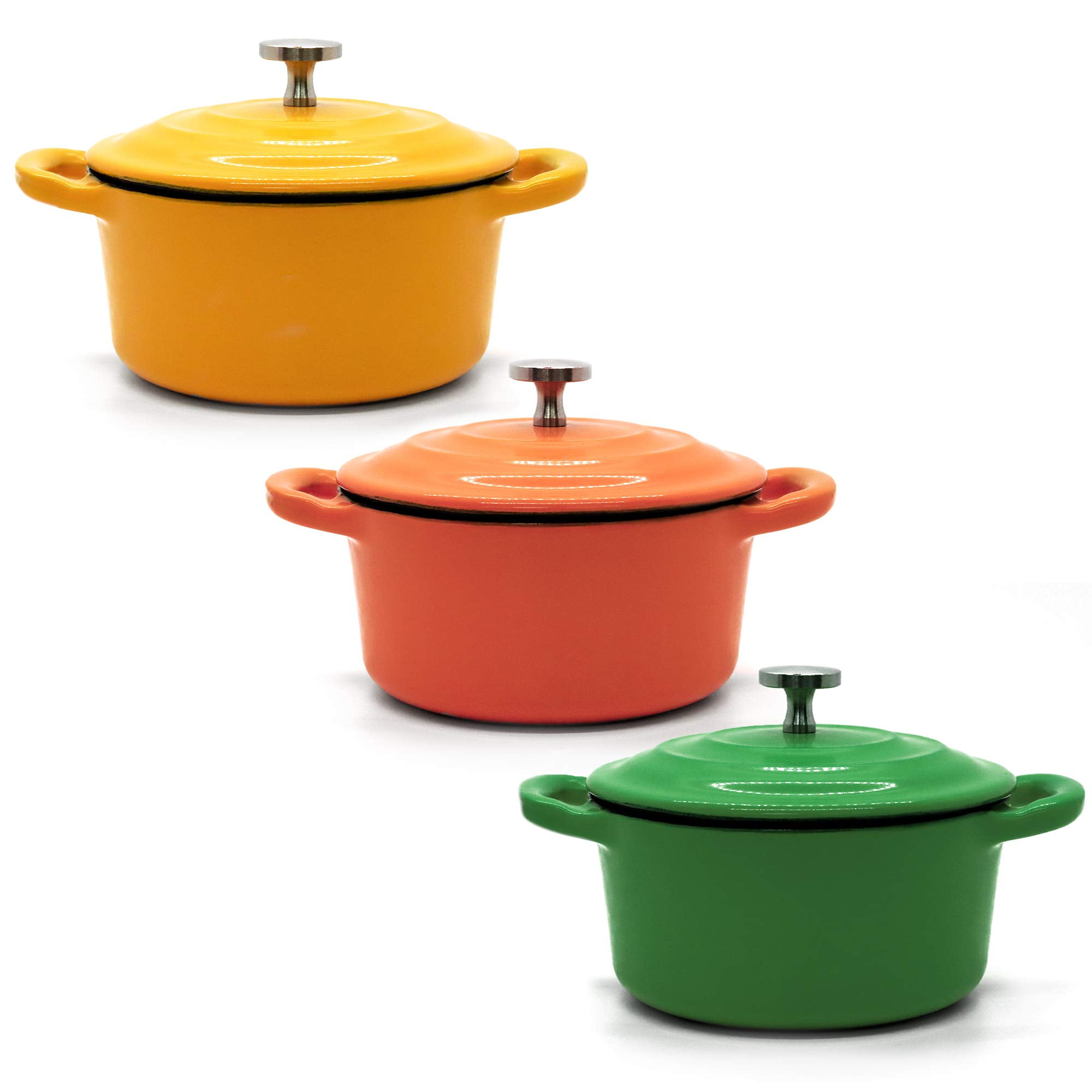 RJ Legend 8.5 oz Cast Iron Pot, Enameled Cast Iron Mini Pot, Round Mini Cocotte, 5.5-Inch Cast Iron Pot with Lid, 3-Piece Cast Iron Set - Orange - Green - Yellow
