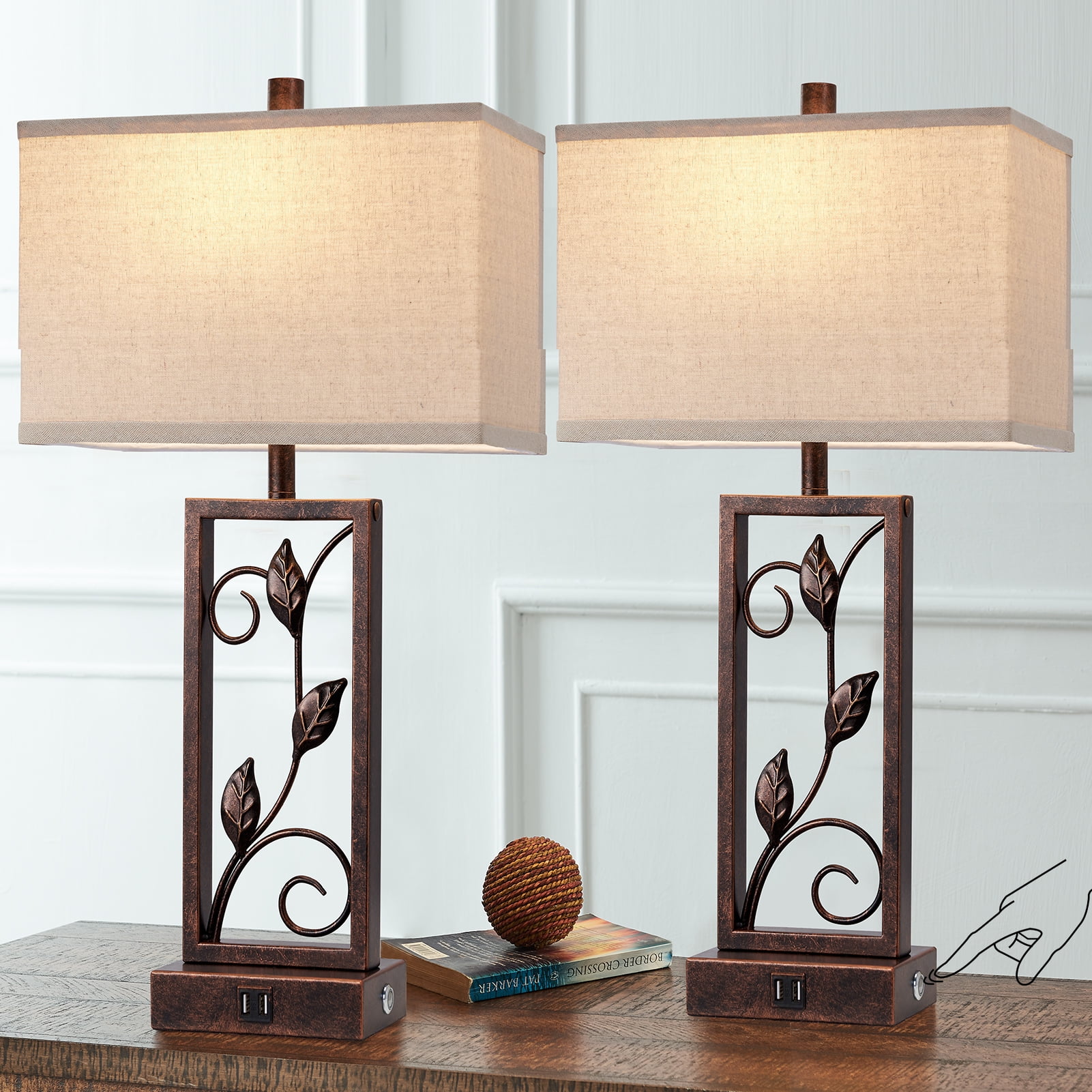RORIA 24" Farmhouse Touch Control Table Lamps Set of 2, Rustic Leaf Lamp for Bedroom Living Room