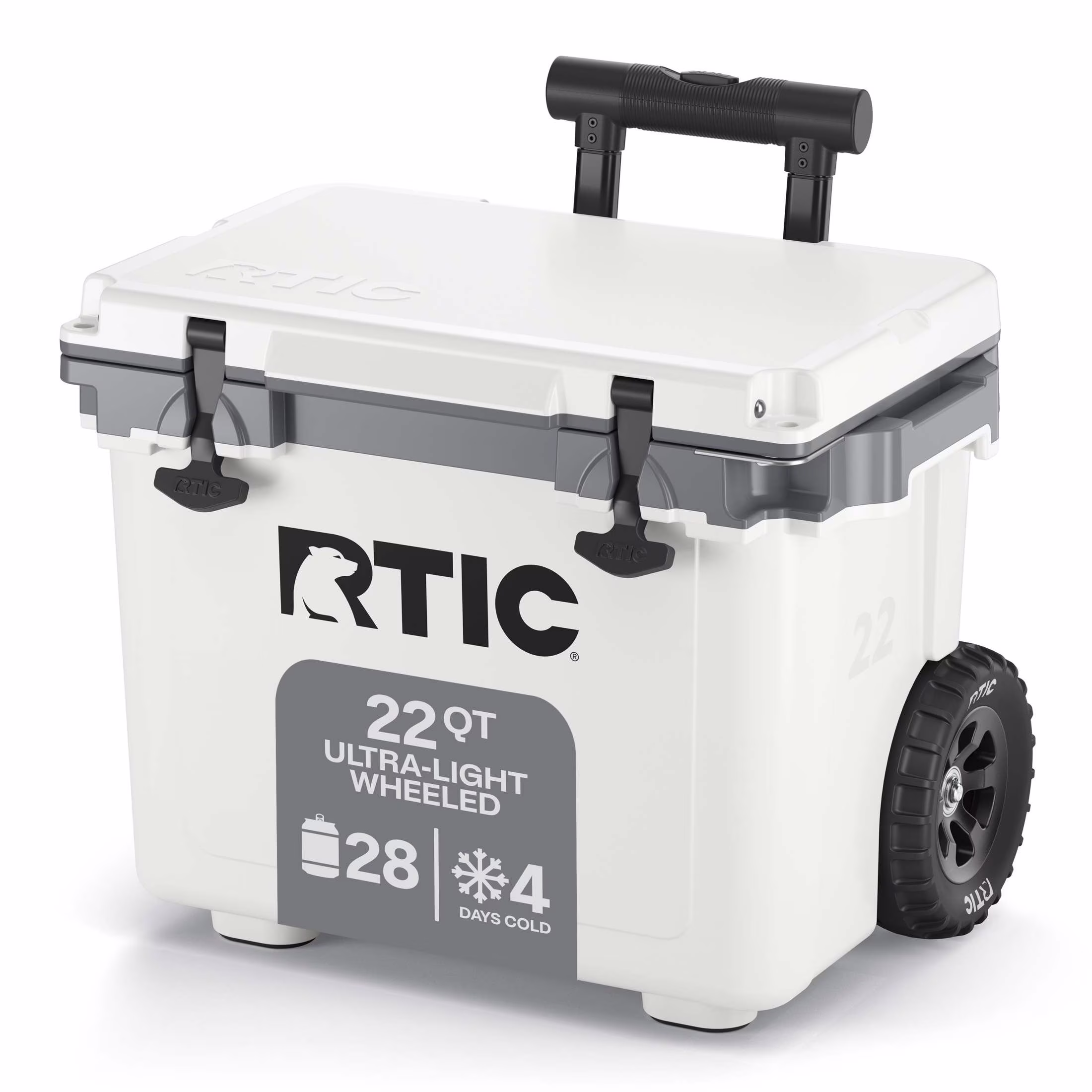 RTIC 22 QT Ultra-Light Wheeled Hard-Sided Ice Chest Cooler, Fits 28 Cans, 6 Wine Bottles, White & Grey