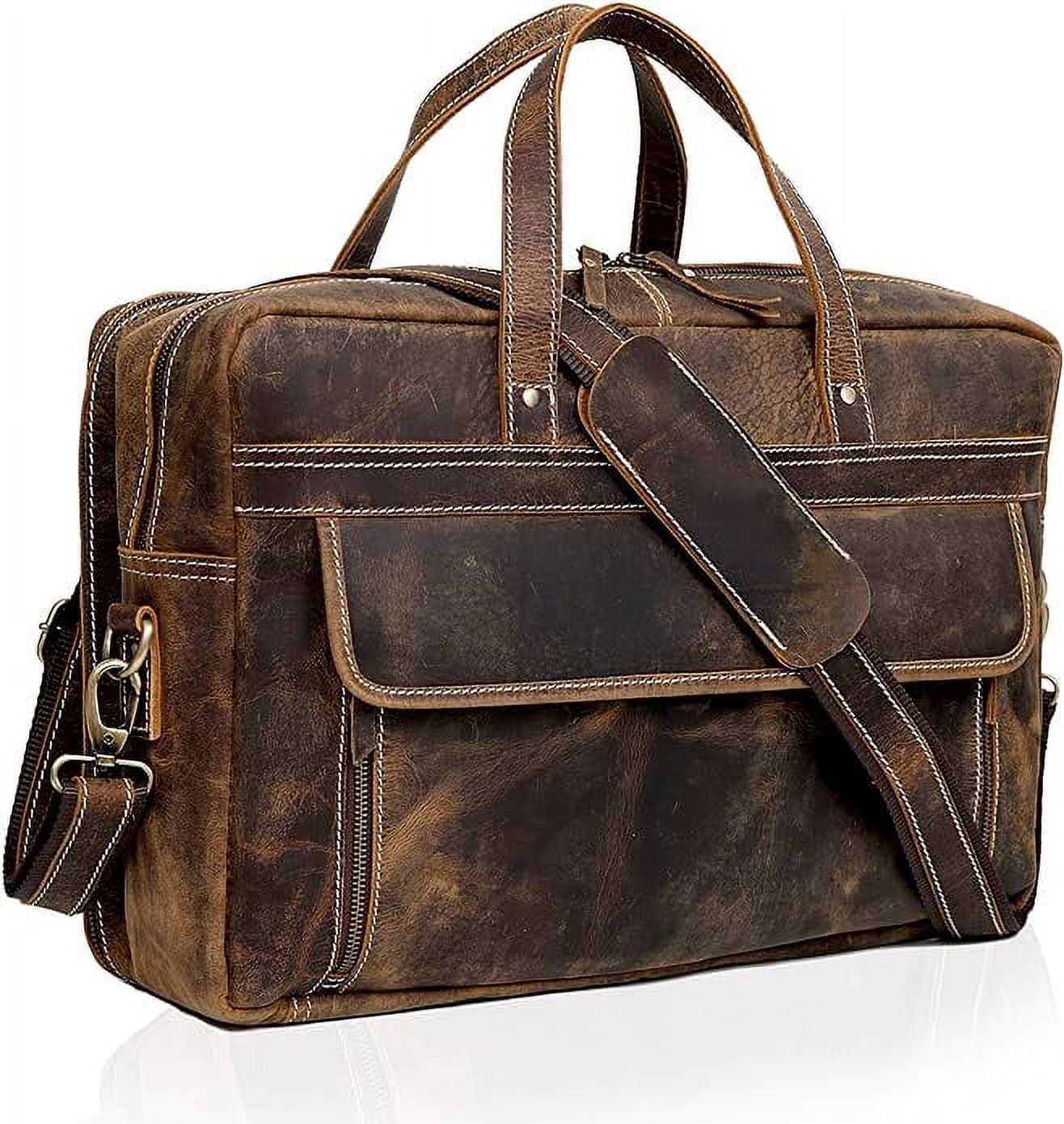 RUZIOON Full Grain Leather Briefcase For Men Business Travel Fits 17'' Laptop Messenger Bag Office Briefcase Crossbody Travel Bag For Men