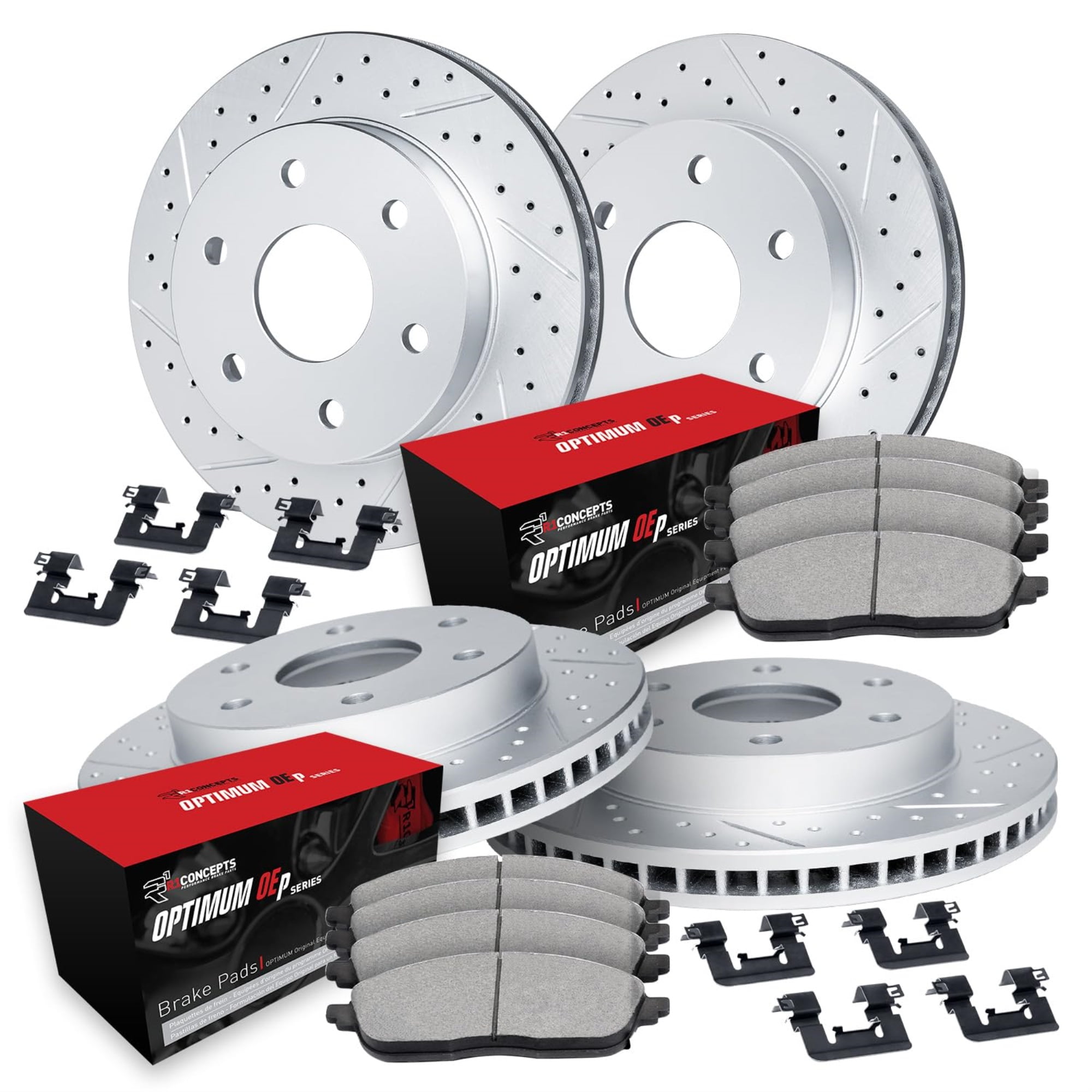R1 Concepts Drilled and Slotted Carbon Coated Disc Brake Rotor Set with Optimum Oe Pads and Hardware WBUH2-47305
