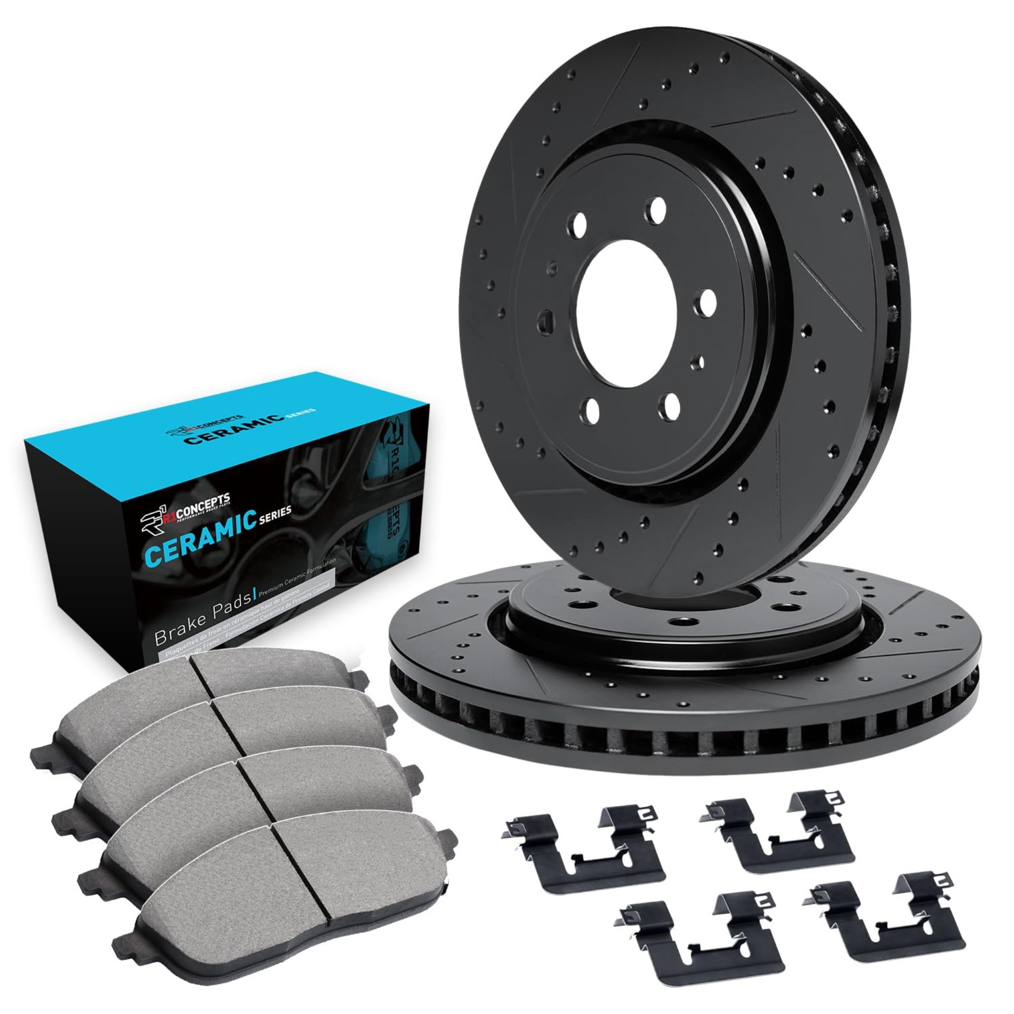 R1 Concepts Drilled and Slotted Black Disc Brake Rotor Set with Ceramic Pads and Hardware WHWH1-54236