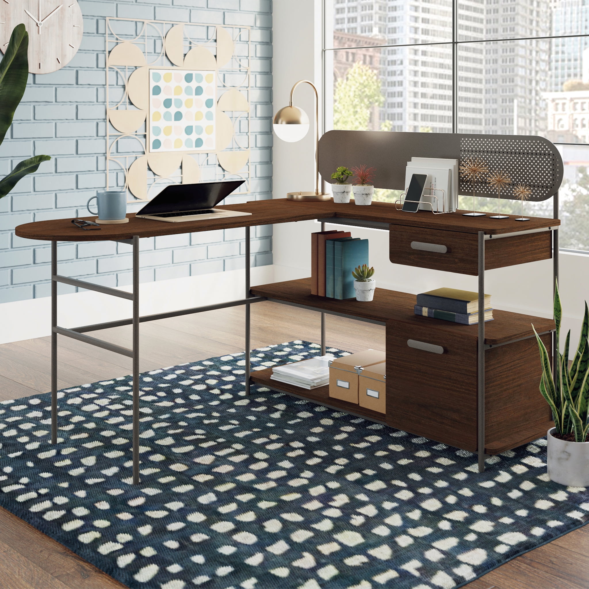 River Street Designs Modern L-Shaped Desk, Umber Wood Finish