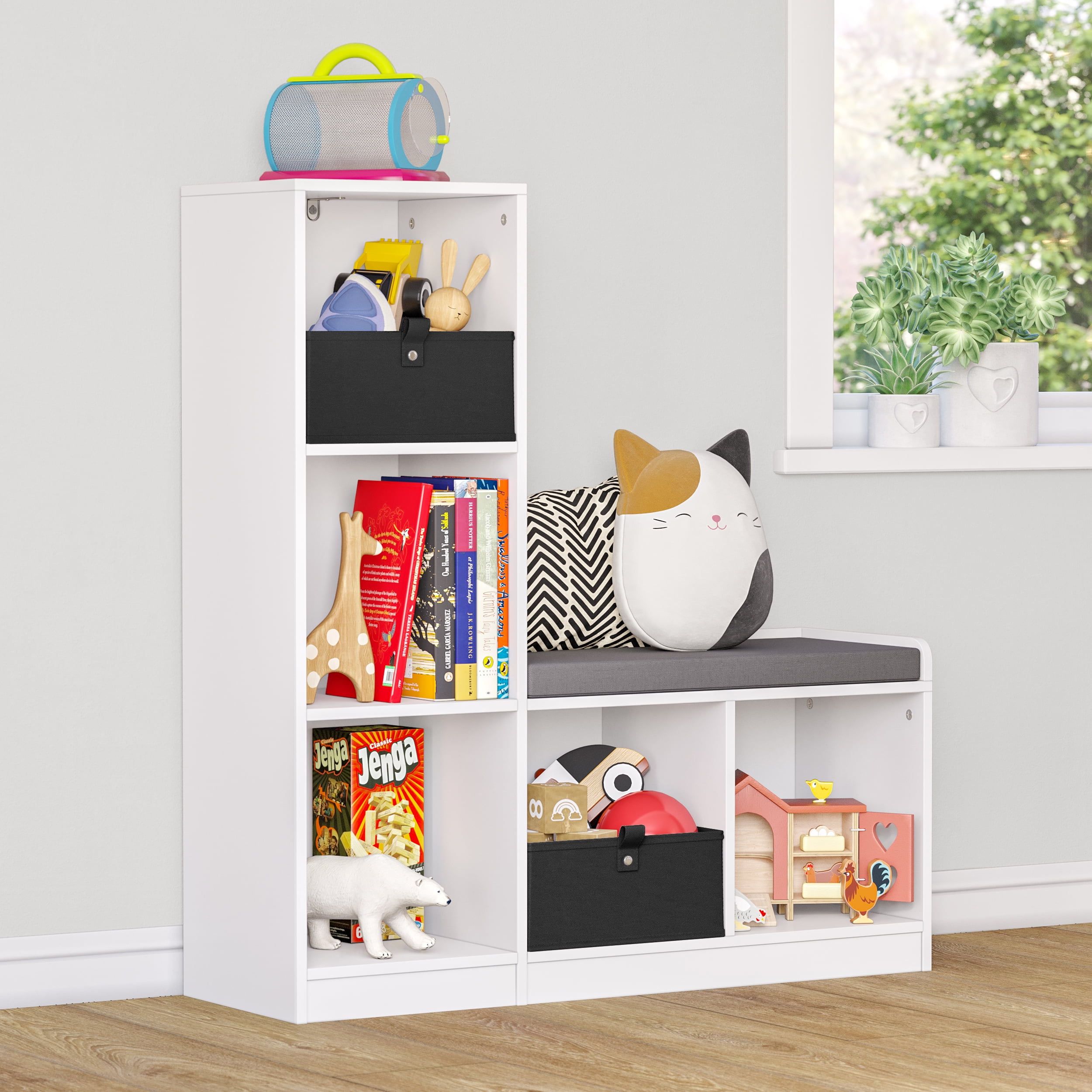 RiverRidge Kids Cubby Storage Organizer Bench with 5 Shelves and Cushioned Seat - White