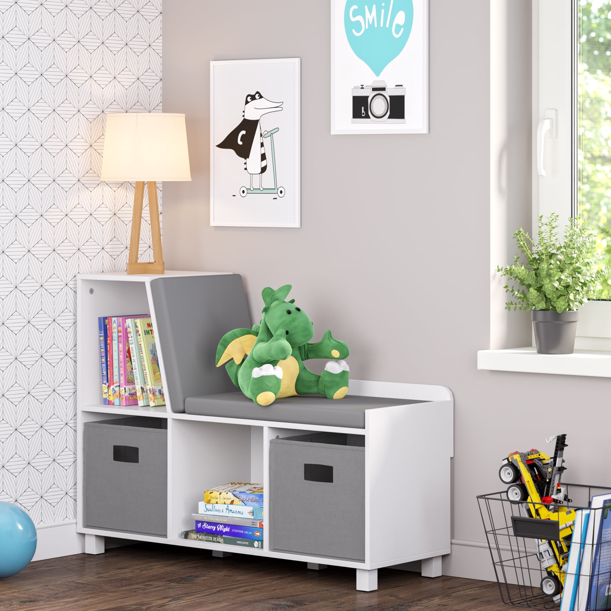 RiverRidge Kids Book Nook Toy Storage Bench with Cubby Organizers, Cushion and 2 Gray Bins