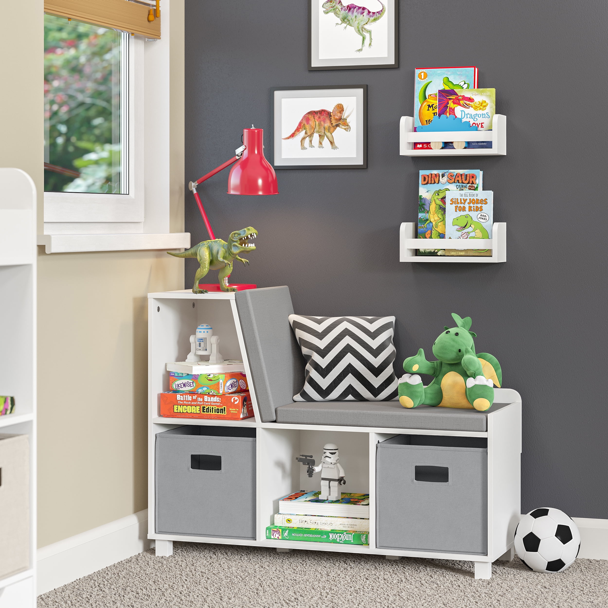 RiverRidge Kids Book Nook Toy Storage Bench with Cubbies, Cushion, and 2 Floating Shelves