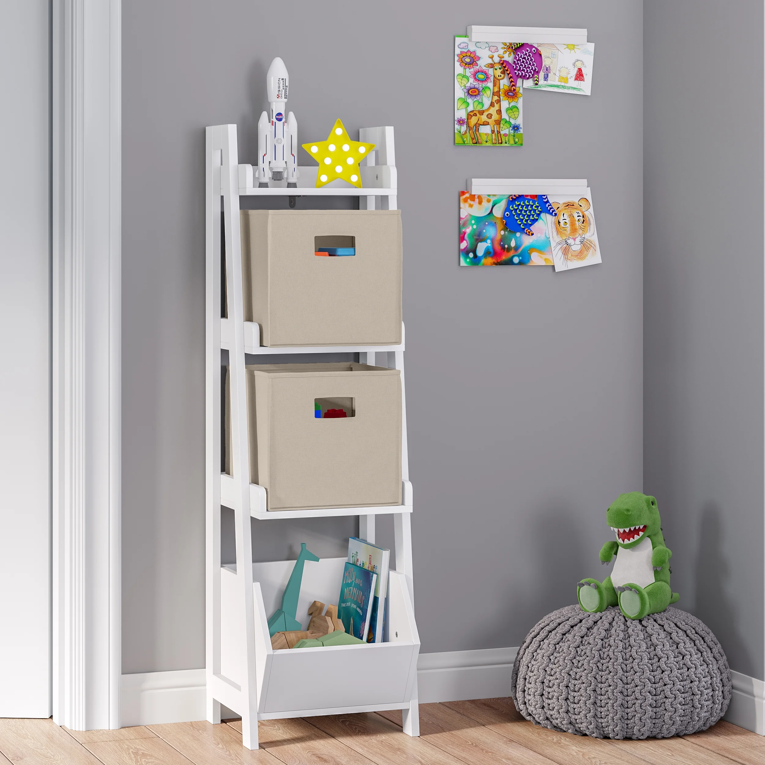 RiverRidge Kids 13in 4-Tier Ladder Shelf with Toy Organizer and Book Storage - White