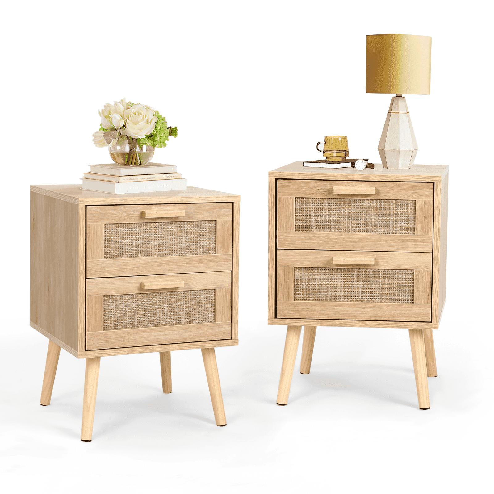 RichYa Rattan Nightstand Set of 2, Side Tables with 2 Storage Drawers, End Table Night Stand for Bedroom,Kids Room