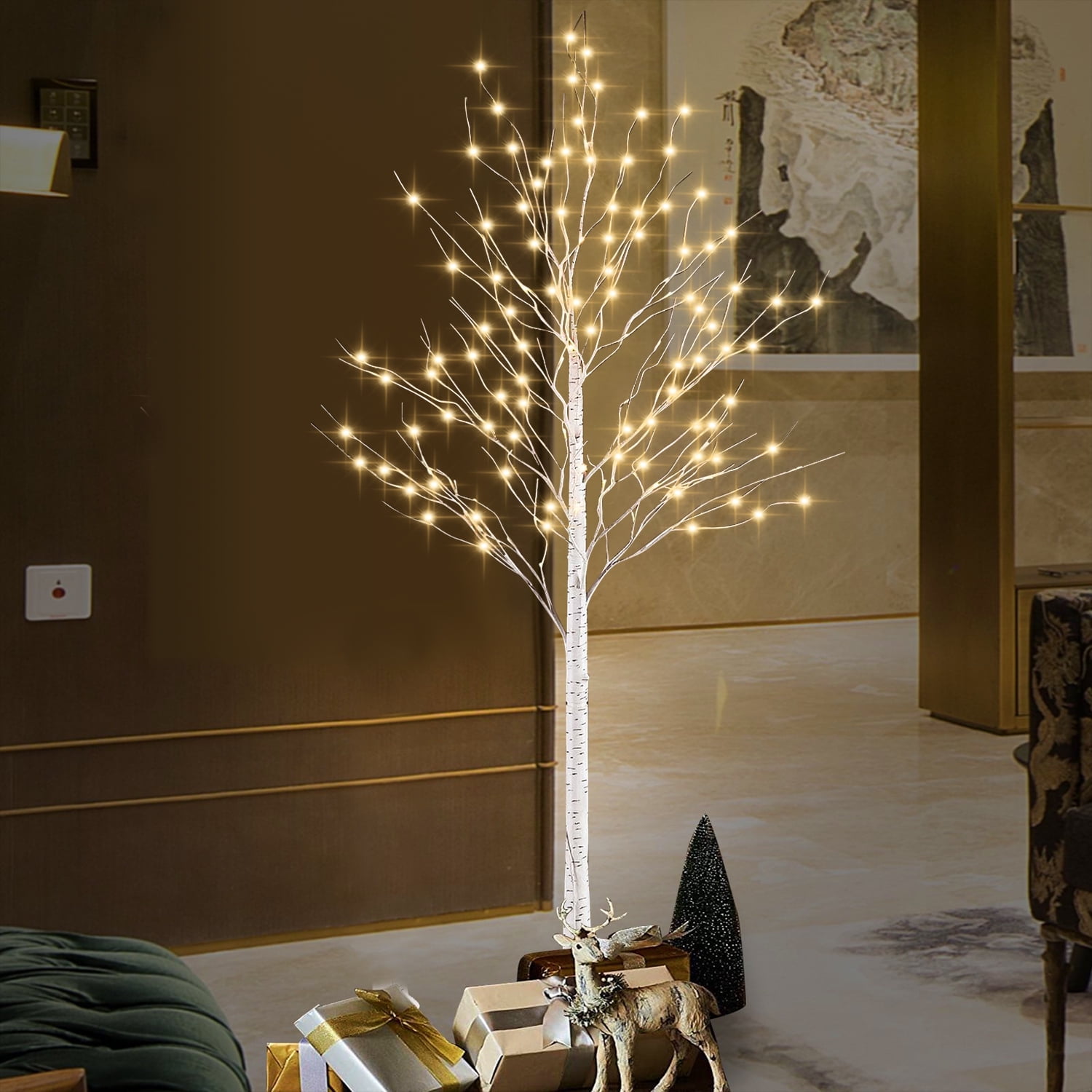 Rirool Artificial Birch Tree Light 6ft 440LED 8 Flashing Modes Remote Dimmable Lighted Trees Warm White (Remote, Base and Plug Included)