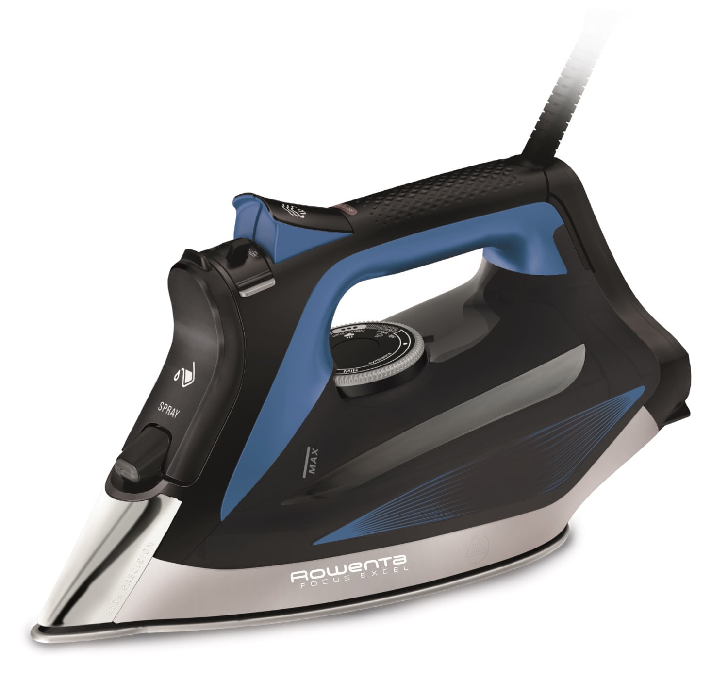 Rowenta Focus Excel Steam Iron for Clothes, Stainless Steel Soleplate, 1750 Watts, Black & Blue, DW5280