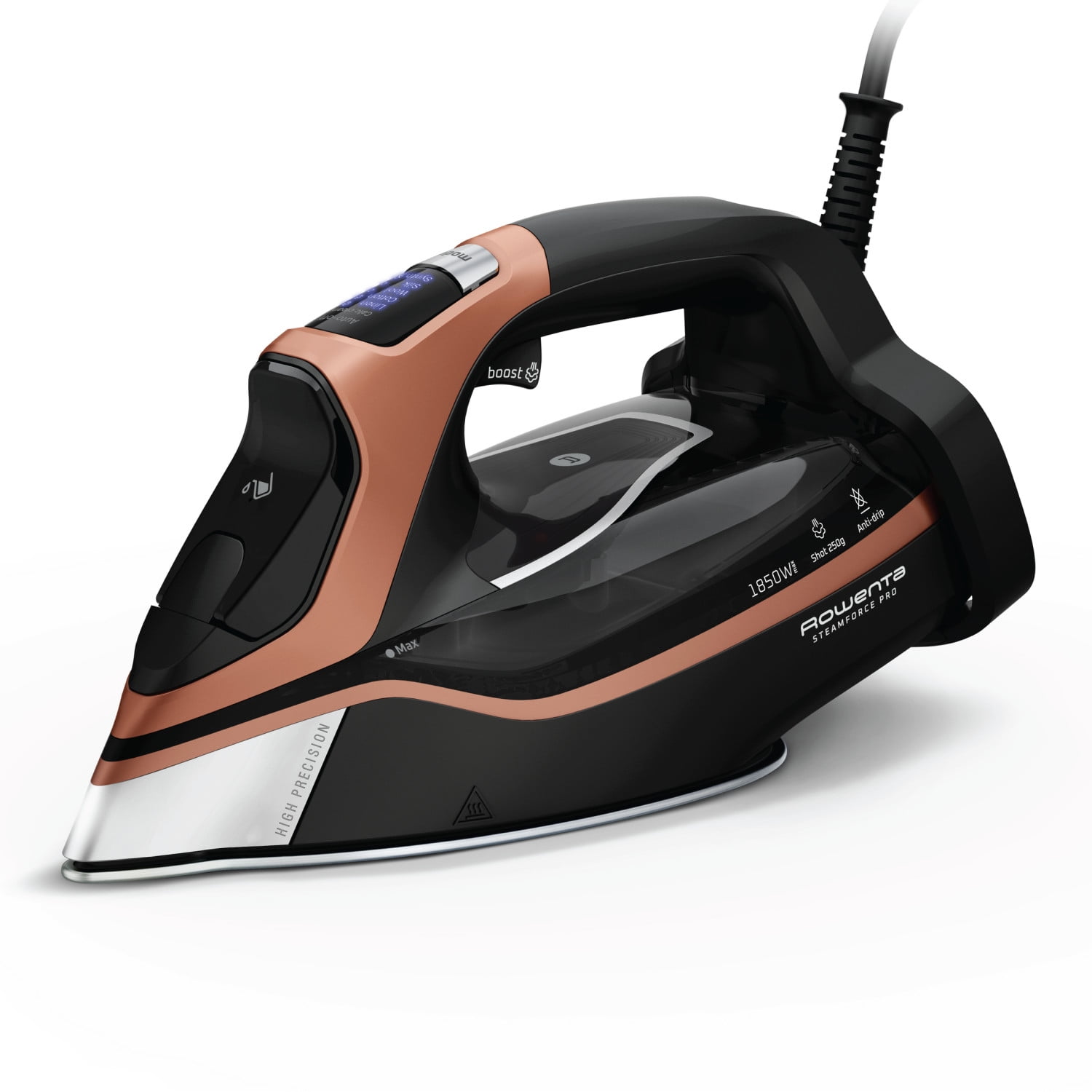 Rowenta Steam Force Pro Iron for Clothes, Stainless Steel Soleplate, 1850 Watts, Smart Screen, Handheld Iron, Black & Copper, DW9580