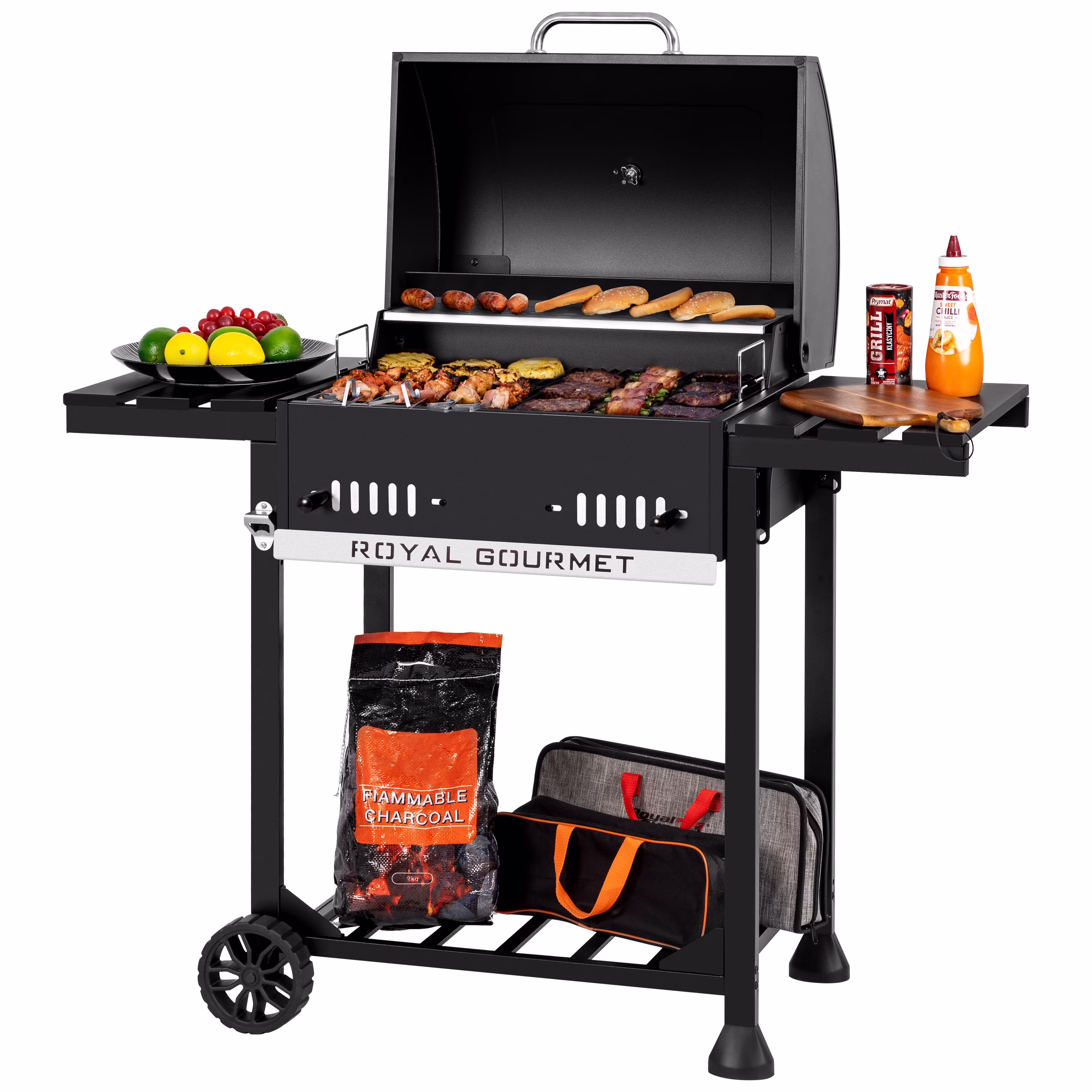 Royal Gourmet CD1824ET 24-Inch Movable Charcoal BBQ Grill with Foldable Side Shelves, Temperature-Controlled