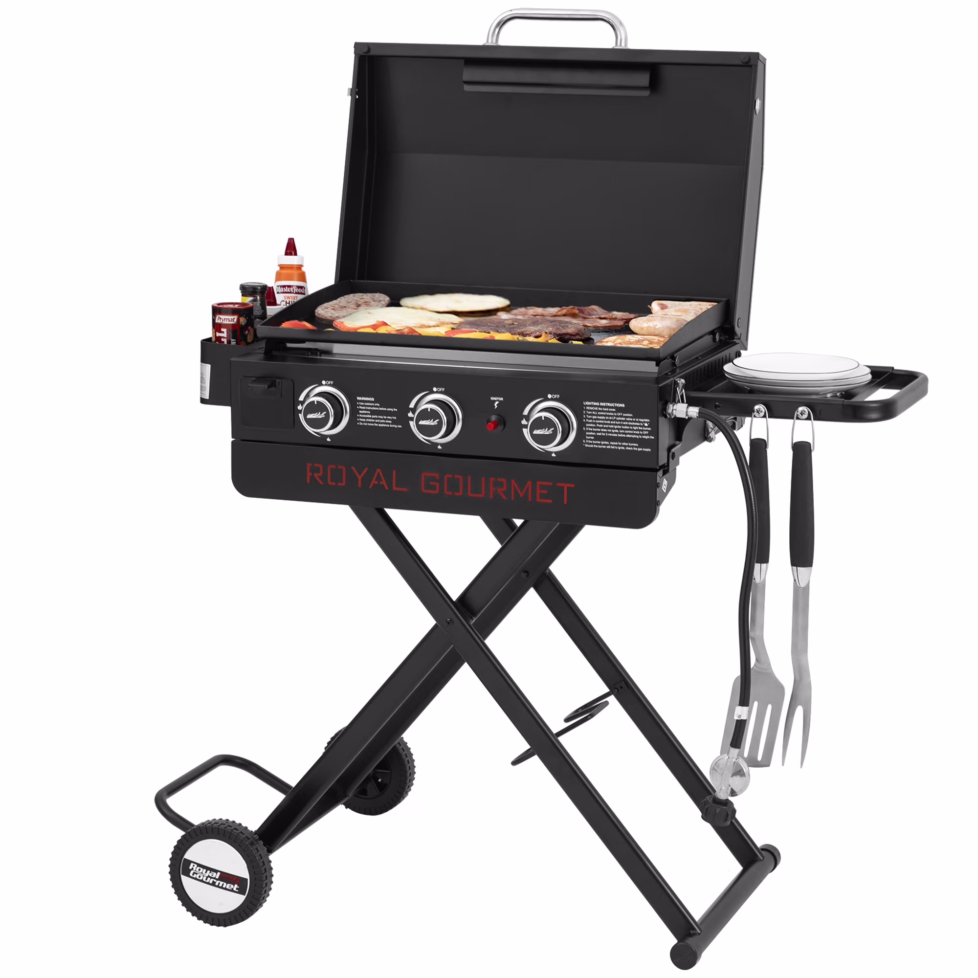 Royal Gourmet PD3001 23-Inch Portable 3-Burner Gas Griddle with Collapsible Stand, Portable Griddle with Side Shelf