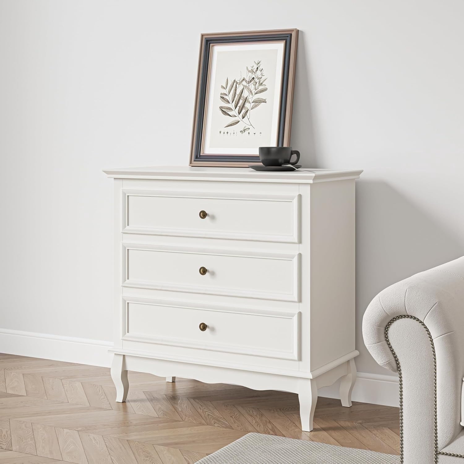 May in Color White Modern 3 Drawer Dresser, Wooden Storage Closet Cabinet, for Bedroom, Living Room, Hallway