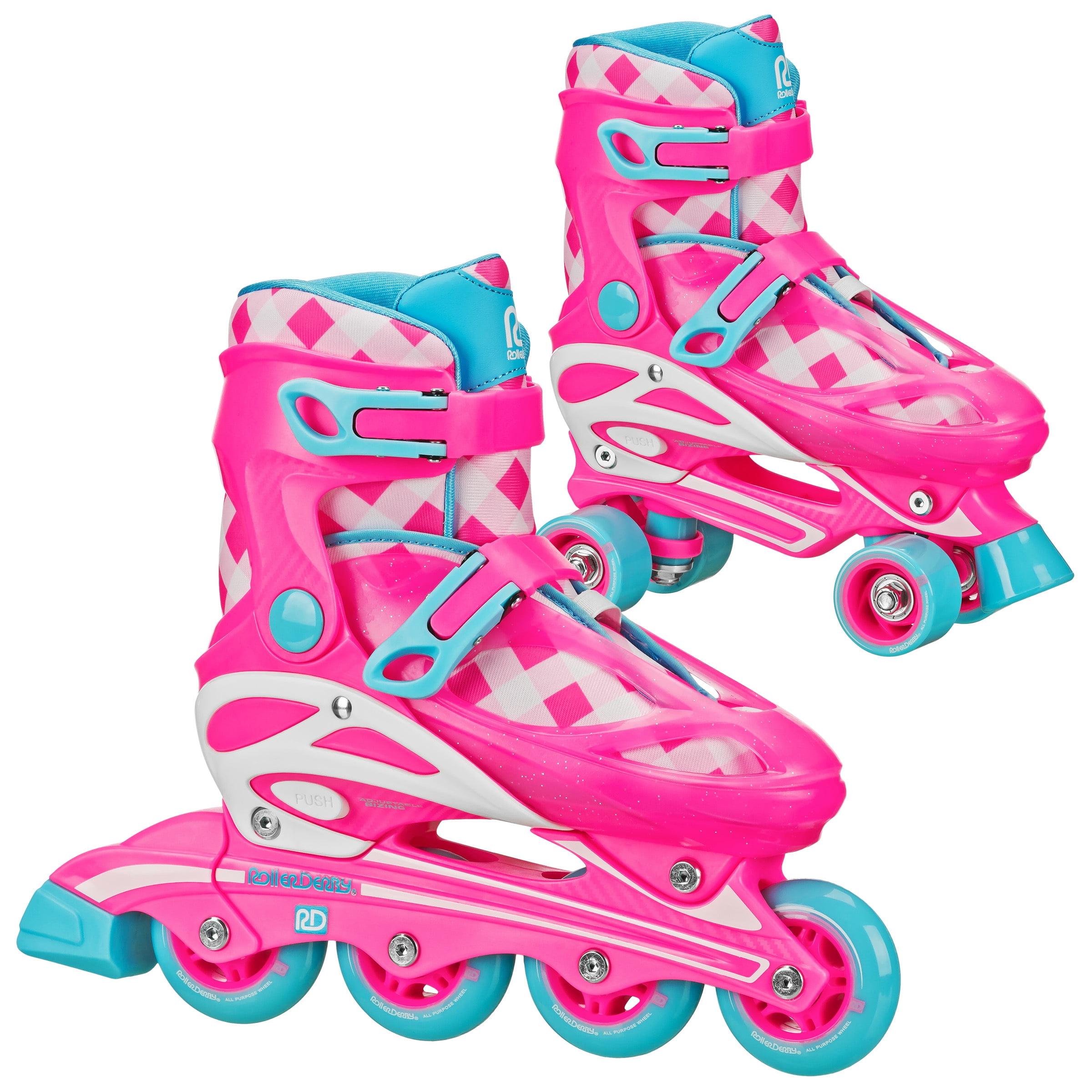 Roller Derby Girl's 2N1 Roller and Inline Skates Size 3-6 Gingham