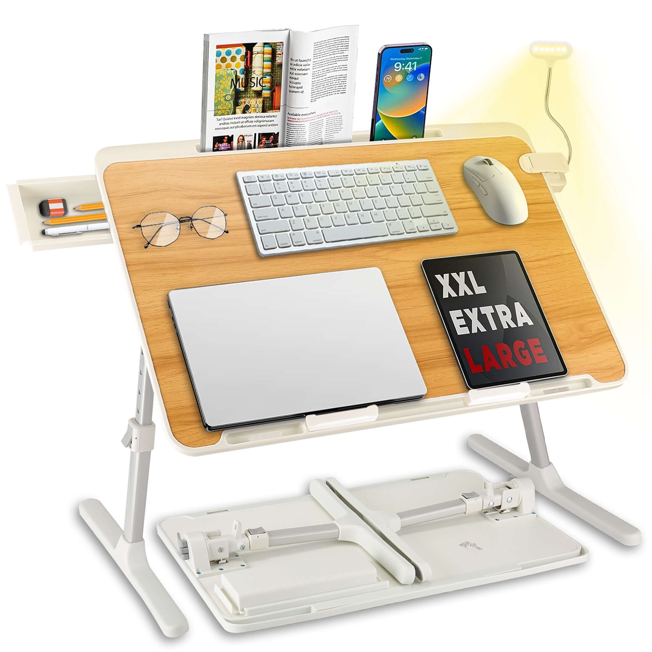 Romanda Height & Angle Adjustable Bed Desk with Light, 23.6"L X-Large Bed Desk for Laptop and Writing, Laptop Lap Desk with Storage Drawer and Bookstand, Bed Table Tray for Eating and Laptop, Wood