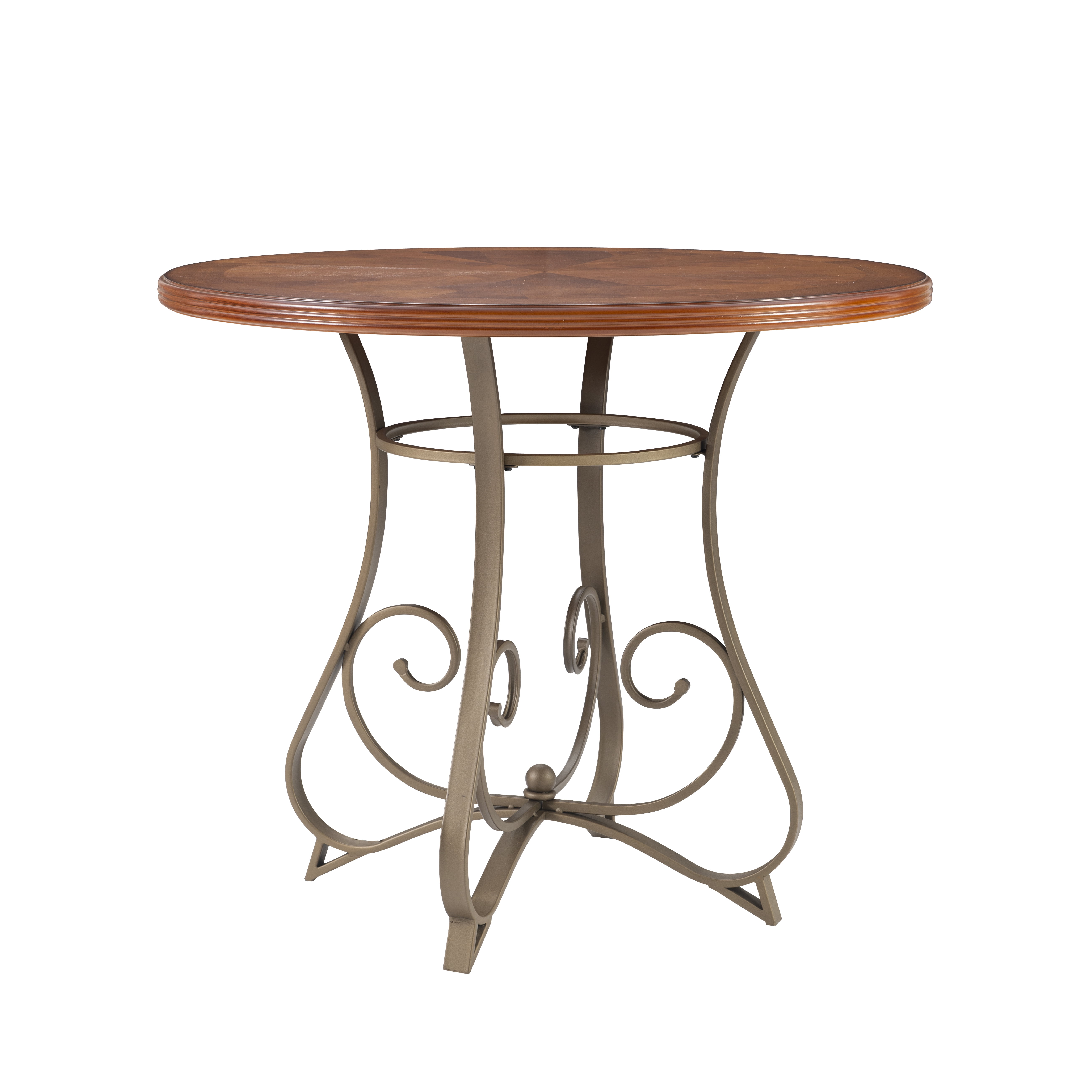 Roselyn 42" Round Counter Height Pub Table, Brushed Faux Medium Cherry Wood with "Matte Pewter and Bronze" Metal