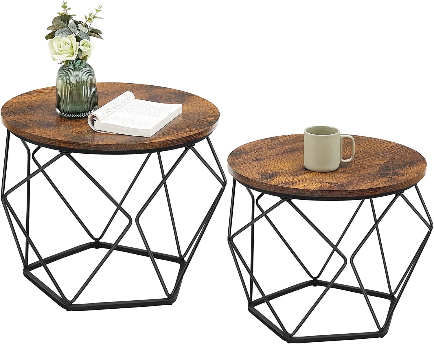 Round Coffee Table Set of 2 Living Room Tables Side End Table with Steel Frame for Bedroom Rustic Brown and Black