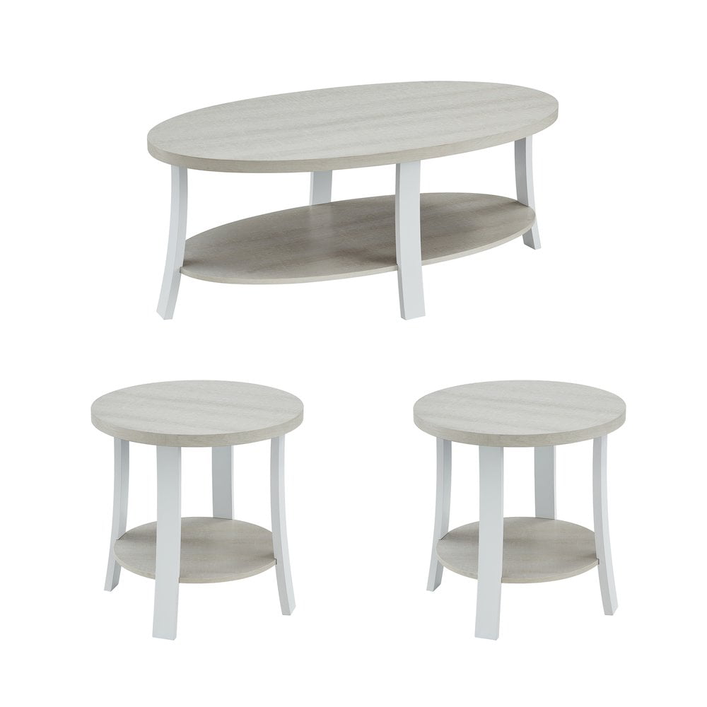 Roundhill Furniture Anze Contemporary Oval Wood Shelf 3-Pc Coffee Table Set in White Finish