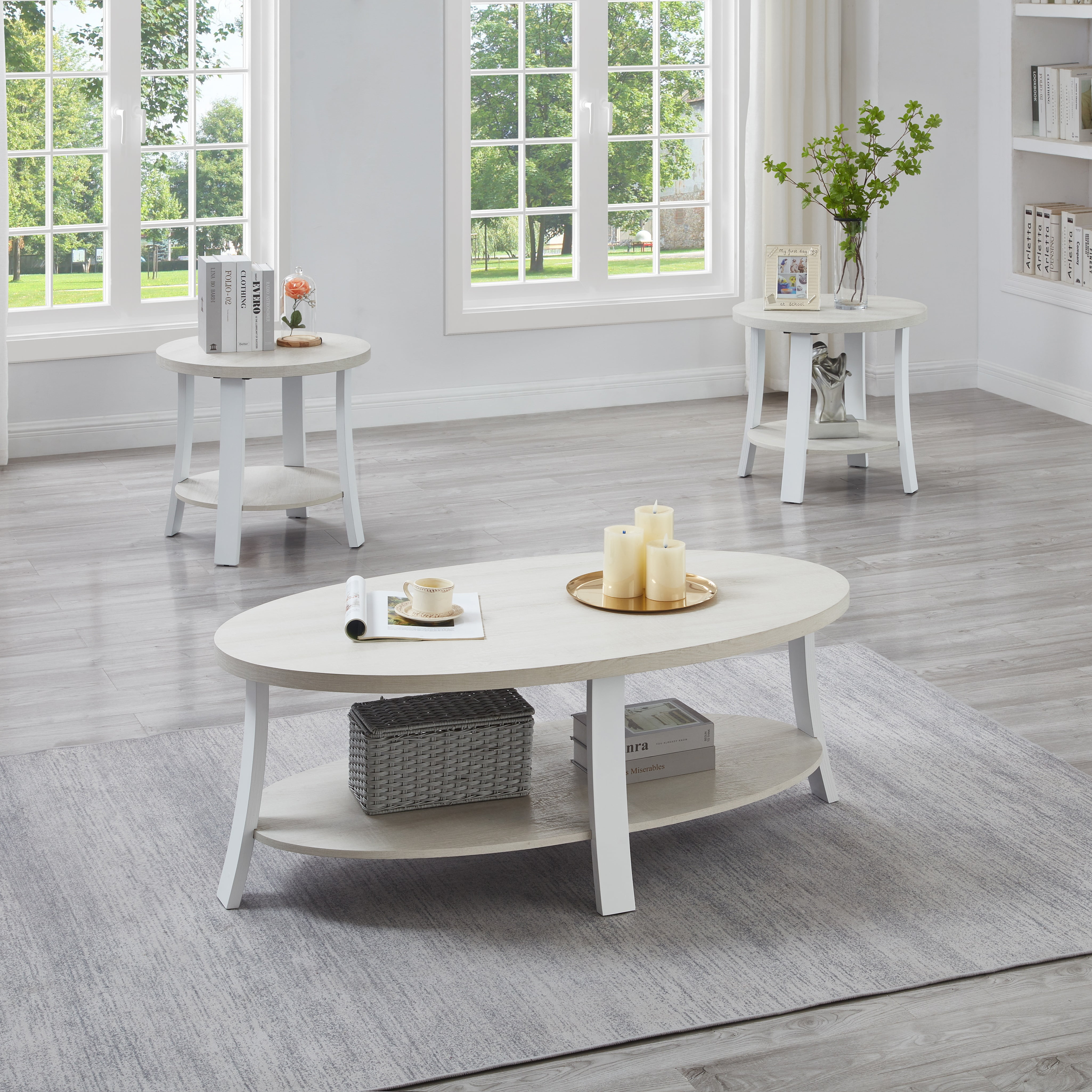 Roundhill Furniture Anze Living Room Contemporary Oval Wood Shelf 3-Piece Coffee Table Set in White Finish