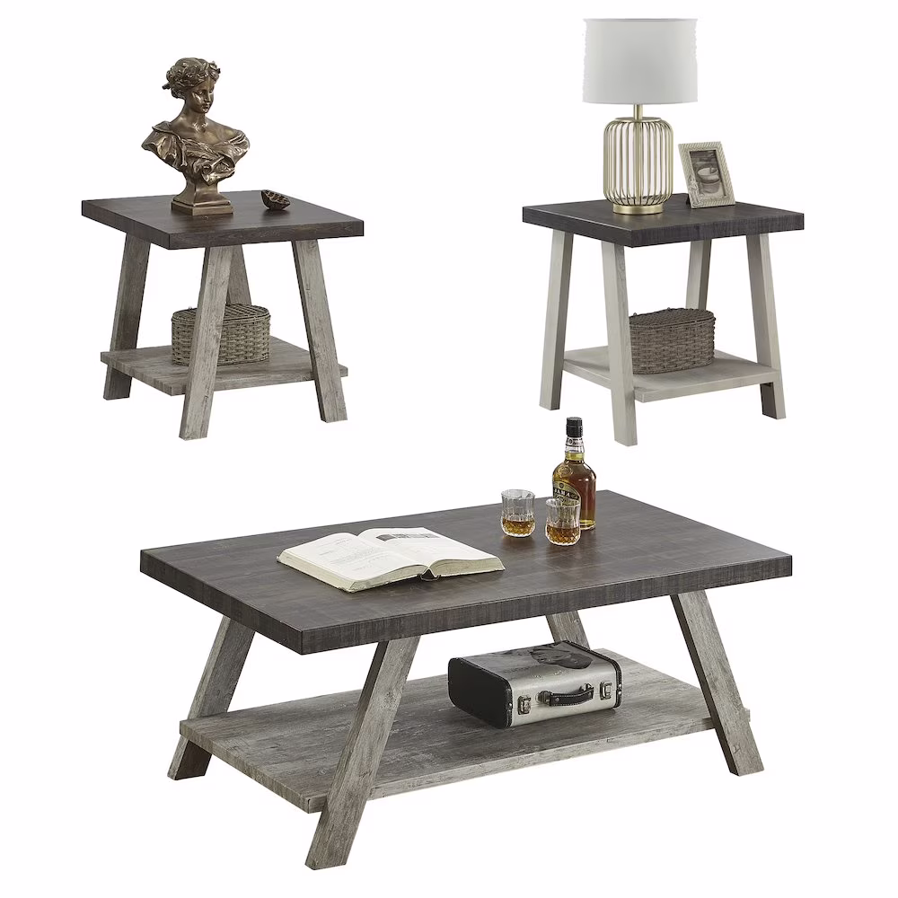 Roundhill Furniture Athens Wood Coffee Table Set in Weathered Walnut/Gray