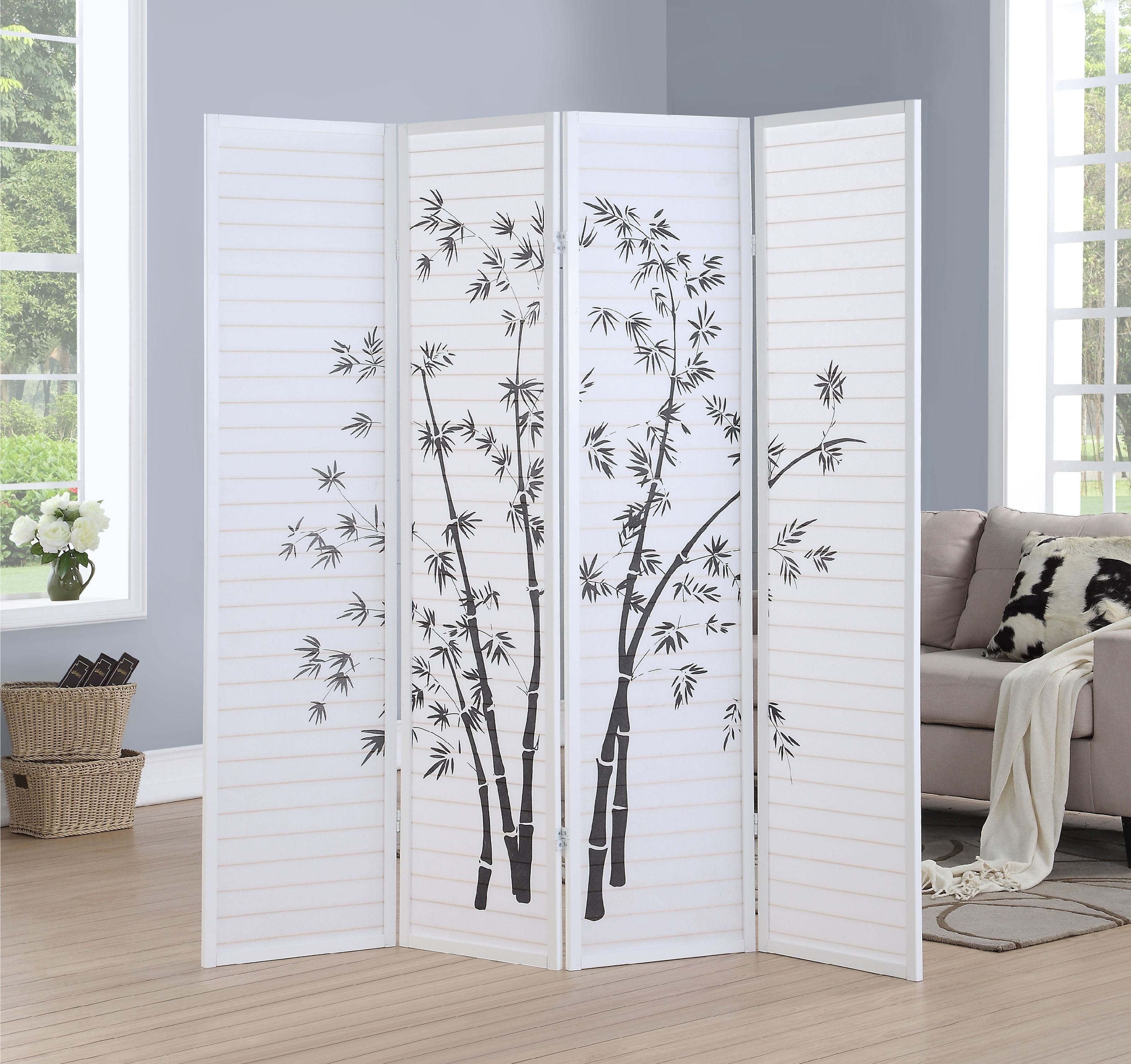 Roundhill Furniture Bamboo Print 4 Panel Room Divider, 71" Tall, White