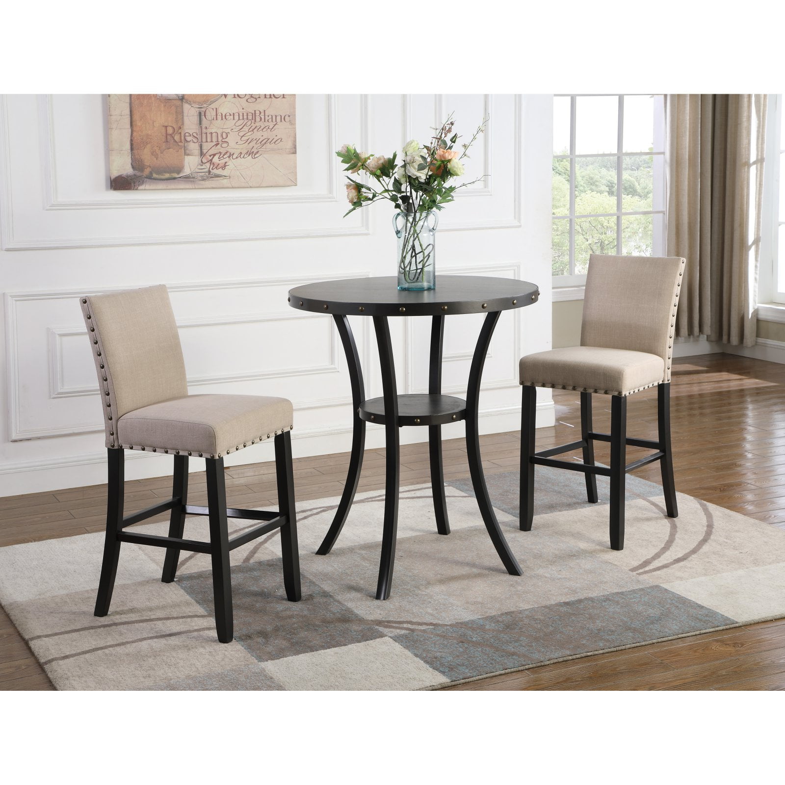 Roundhill Furniture Biony 36" Round Bistro Set with 2 Pub-Chairs in Espresso/Tan