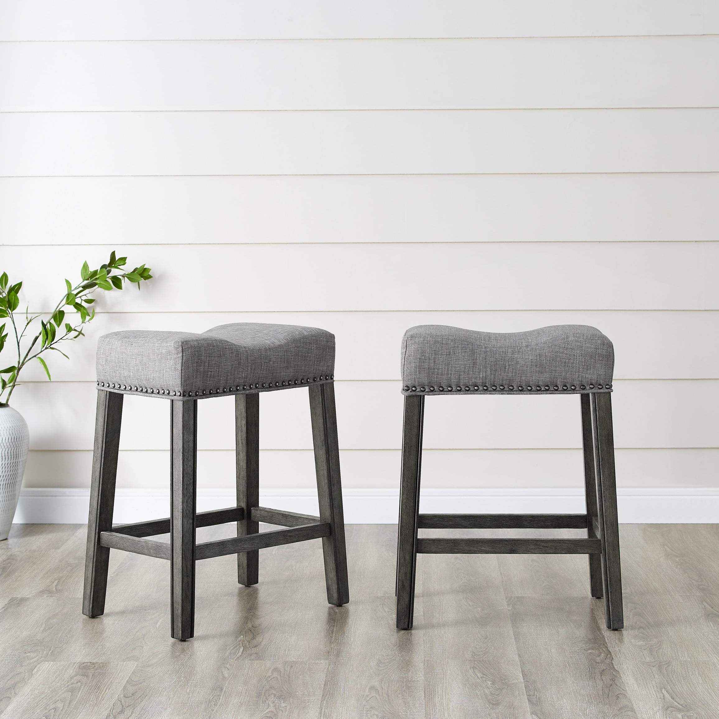 Roundhill Furniture CoCo 25.5" Counter Height Saddle Stool, Gray Fabric, Solid Rubberwood, Set of 2