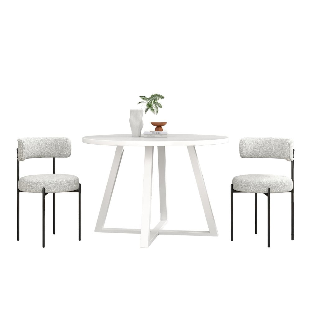 Roundhill Furniture Durban 3-Pc Round Dining Set, Trestle Dining Table with 2 Boucle Chairs