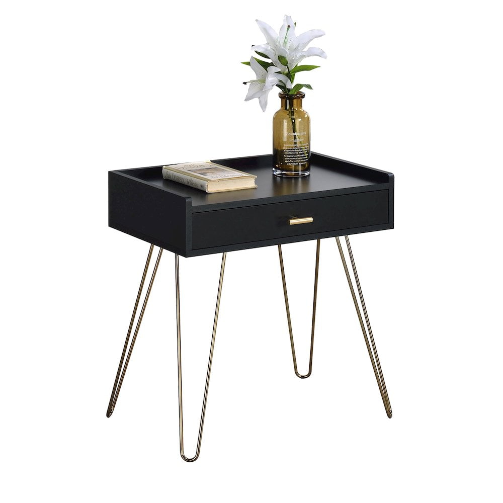 Roundhill Furniture Hailey 1-Drawer Wood End Table in Black/Gold Metal Legs