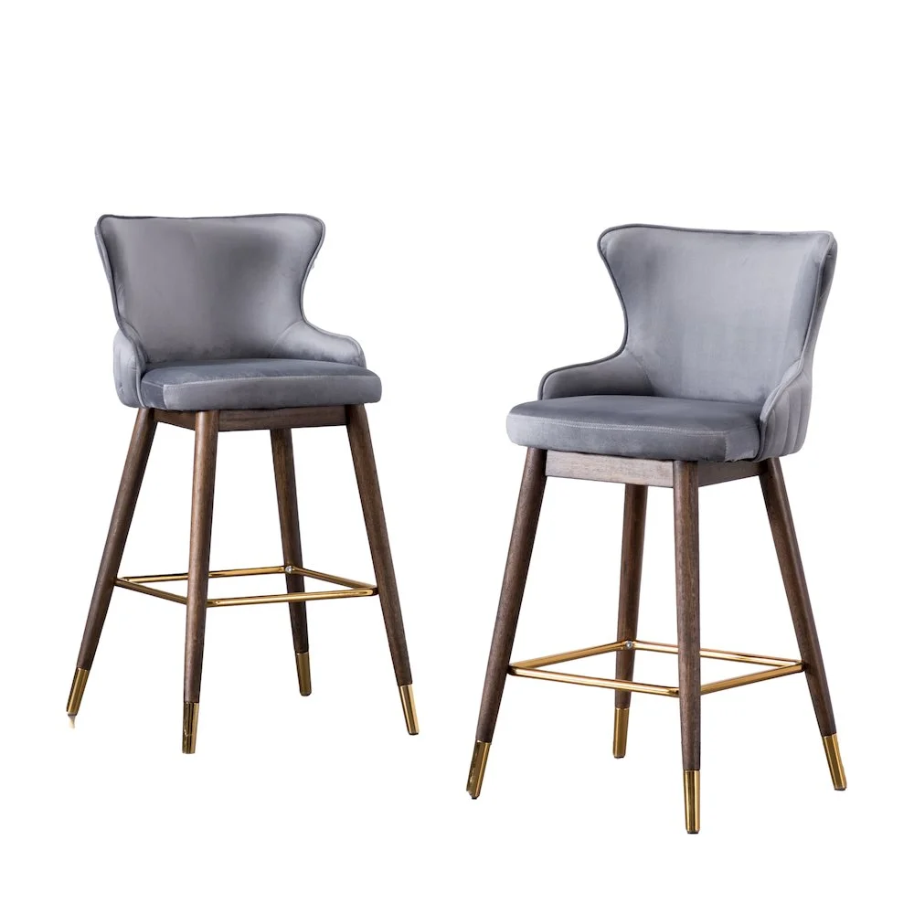 Roundhill Furniture Leland Fabric Upholstered Wingback Bar Stools, Set of 2, Gray