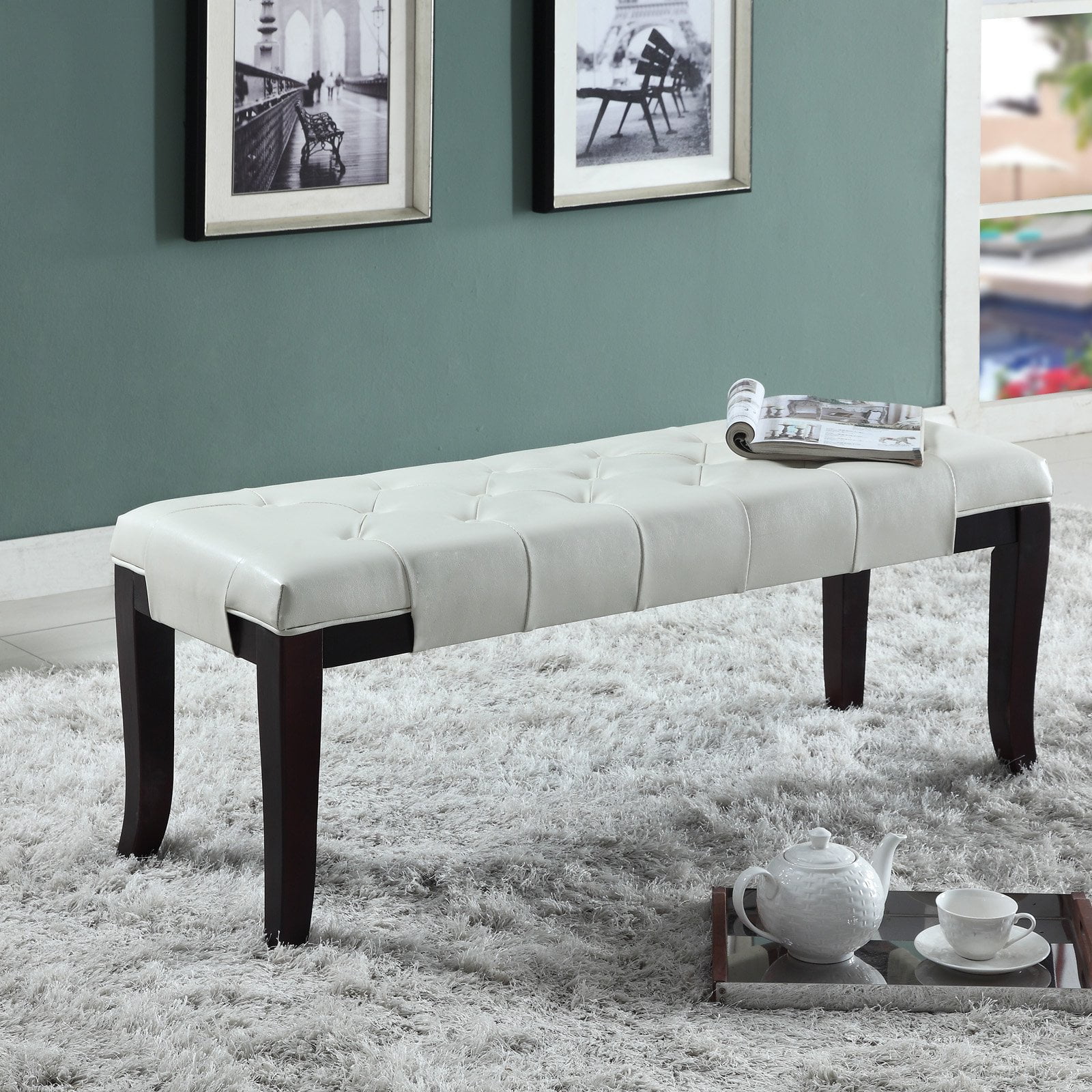 Roundhill Furniture Linon Leather Tufted Bench, White
