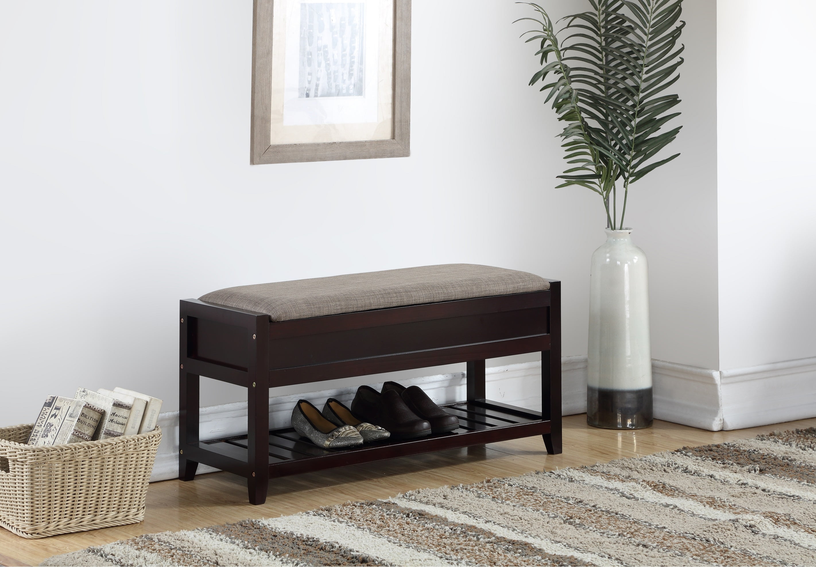 Roundhill Furniture Rouen Espresso Seating Bench with Shoe Storage